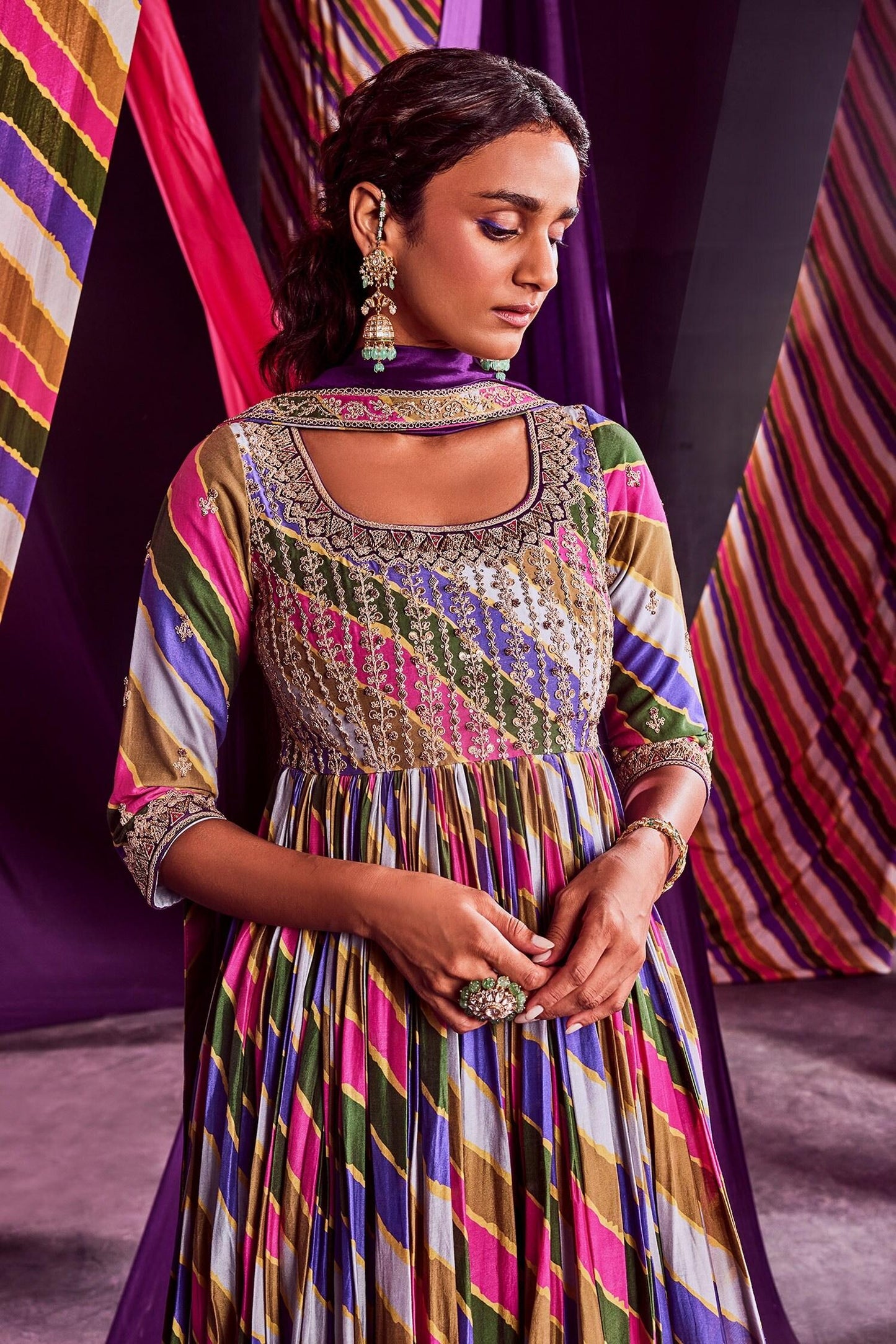 Multi Color Chanderi And Organza Stripe, Zardozi & Print Anarkali Set - Designer Kurta Set