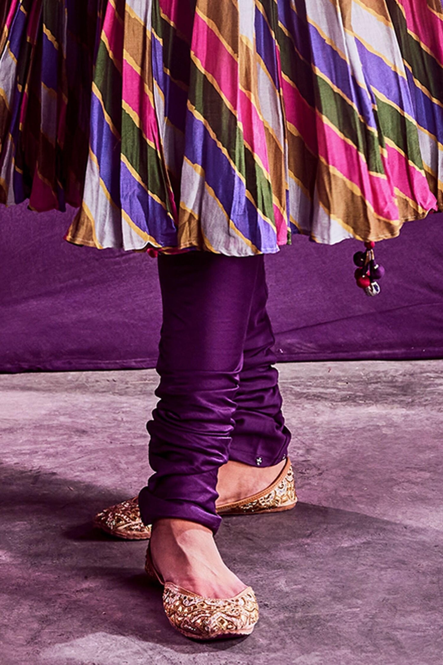 Multi Color Chanderi And Organza Stripe, Zardozi & Print Anarkali Set - Designer Kurta Set