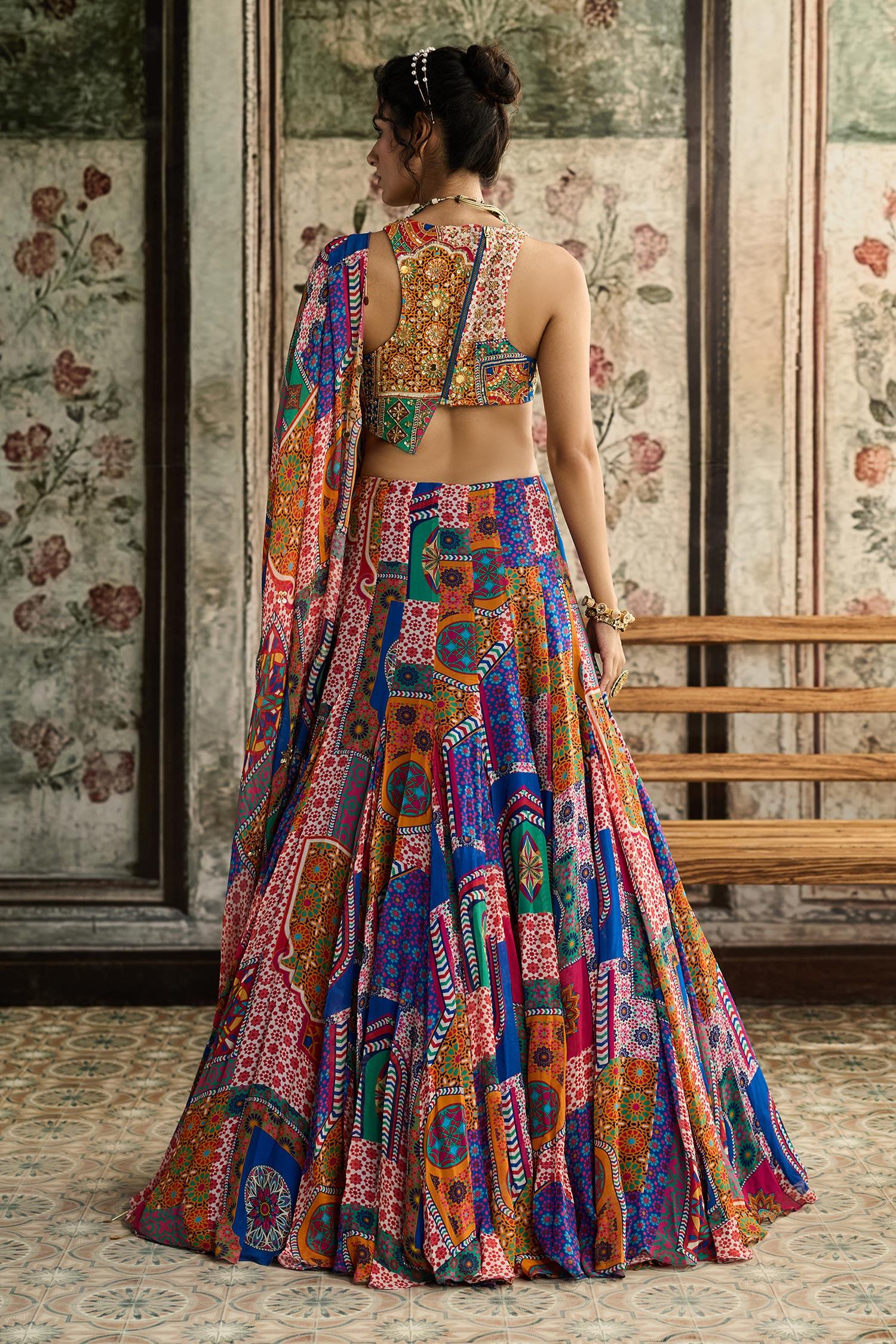 Multi Color Crepe, Georgette Beads, Sequins Sweetheart Neck Printed Lehenga Set - Designer Kurta Set