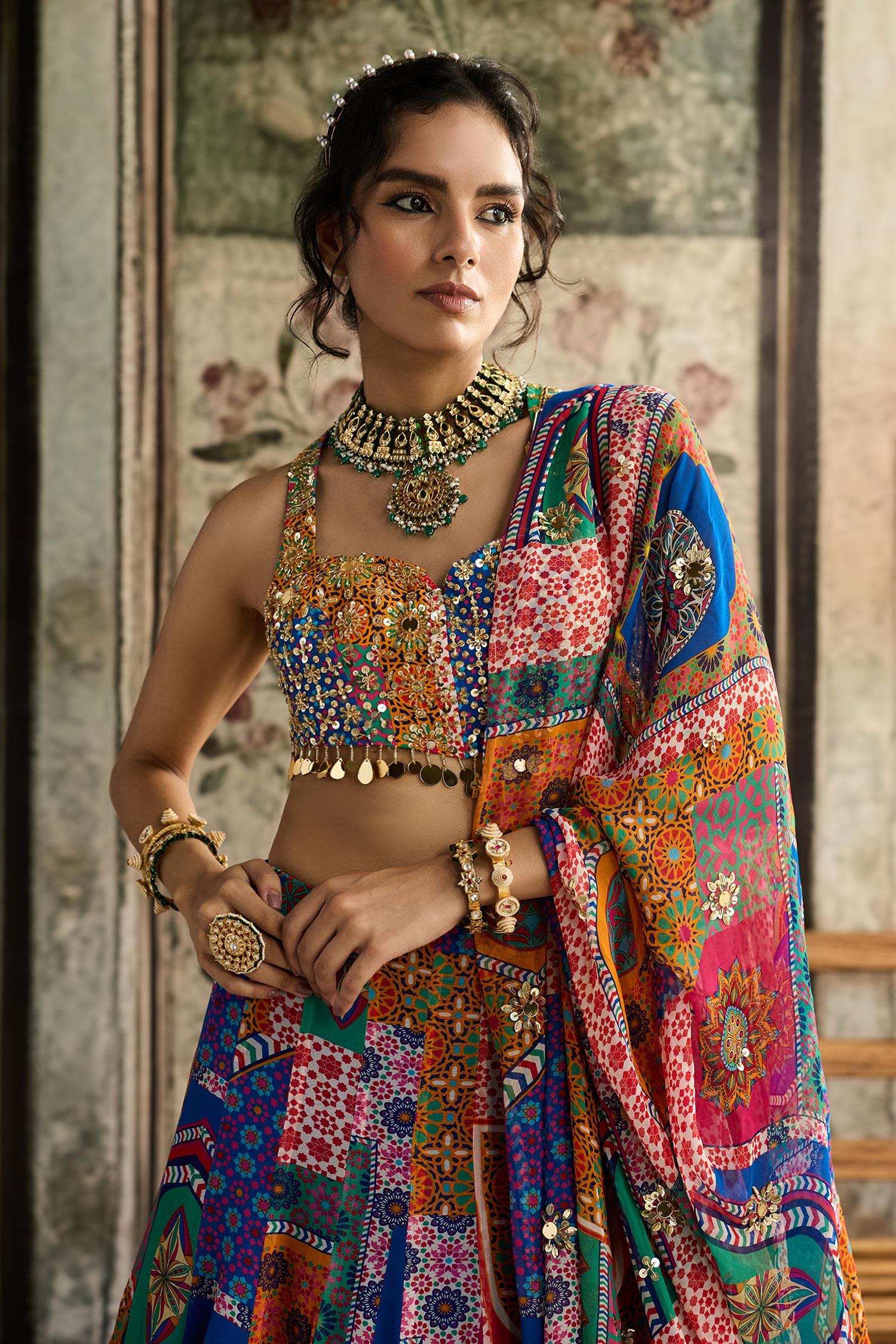 Multi Color Crepe, Georgette Beads, Sequins Sweetheart Neck Printed Lehenga Set - Designer Kurta Set