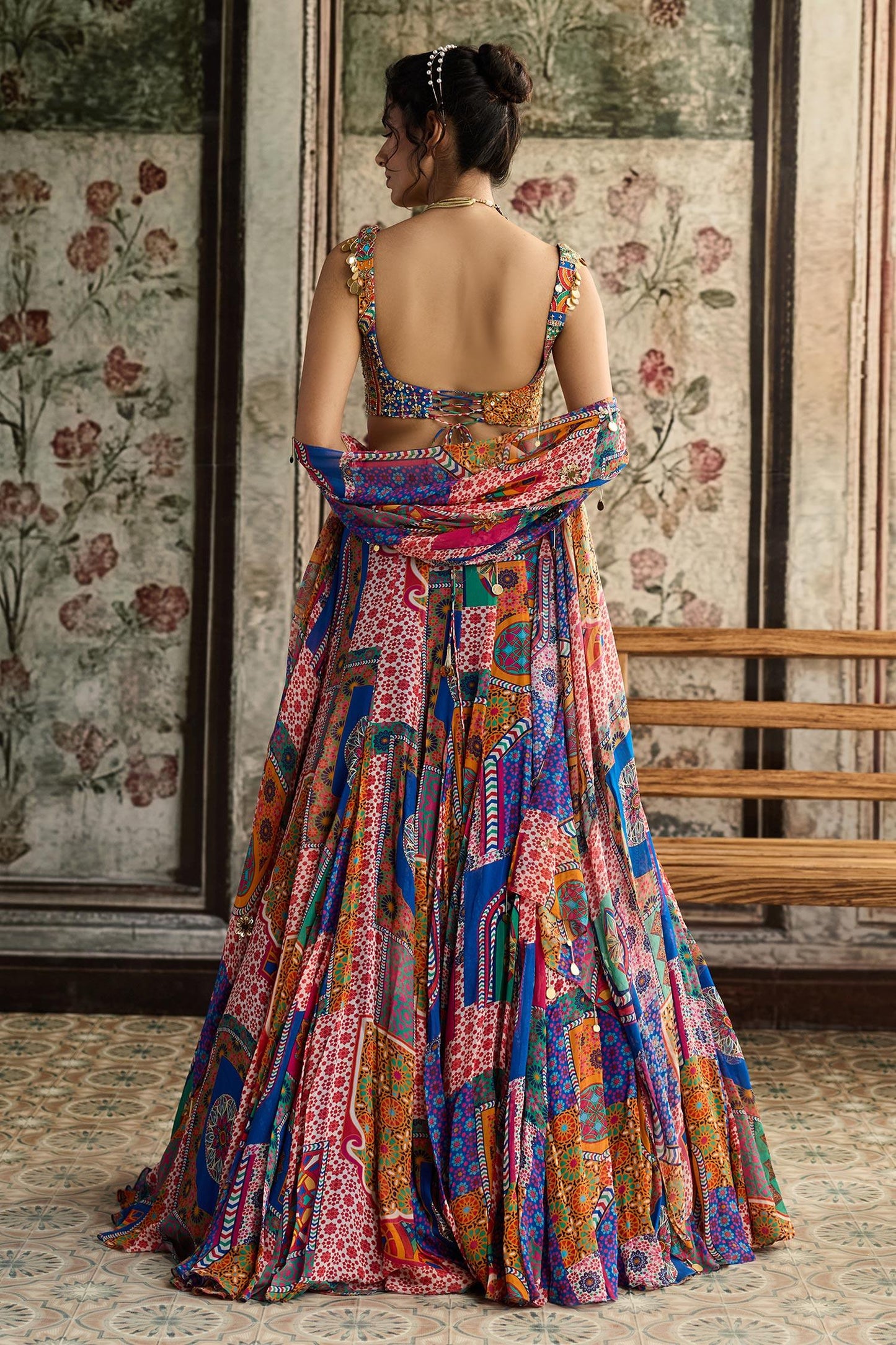Multi Color Crepe, Georgette Sequins, Beads, Embroidery Printed Lehenga Set - Designer Kurta Set