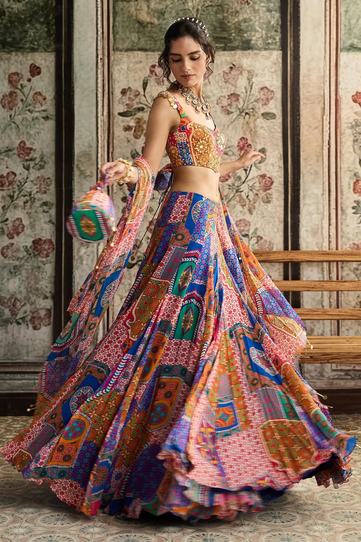 Multi Color Crepe, Georgette Sequins, Beads, Embroidery Printed Lehenga Set - Designer Kurta Set