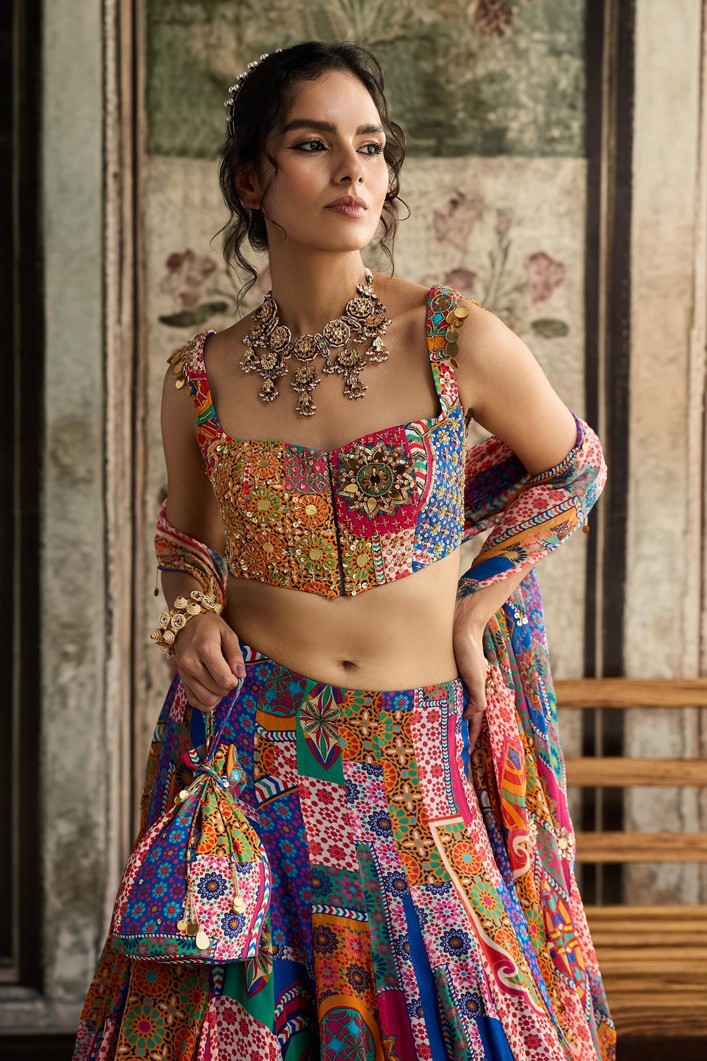 Multi Color Crepe, Georgette Sequins, Beads, Embroidery Printed Lehenga Set - Designer Kurta Set