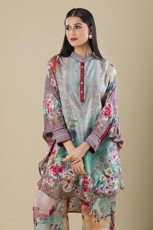 Multi Color Embroidery Mandarin Collar Printed Kaftan Shirt Tunic