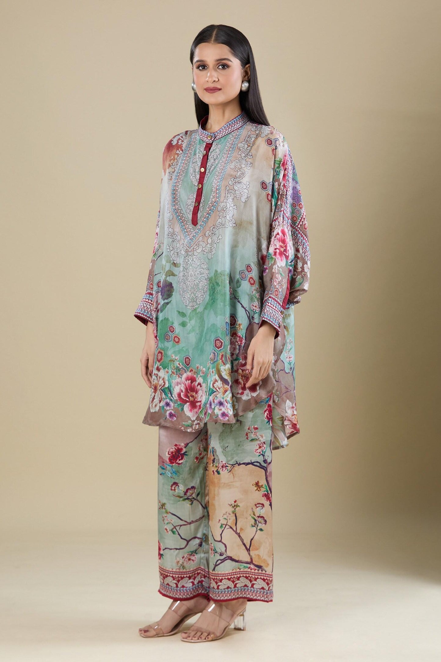 Multi Color Embroidery Mandarin Collar Printed Kaftan Shirt Tunic