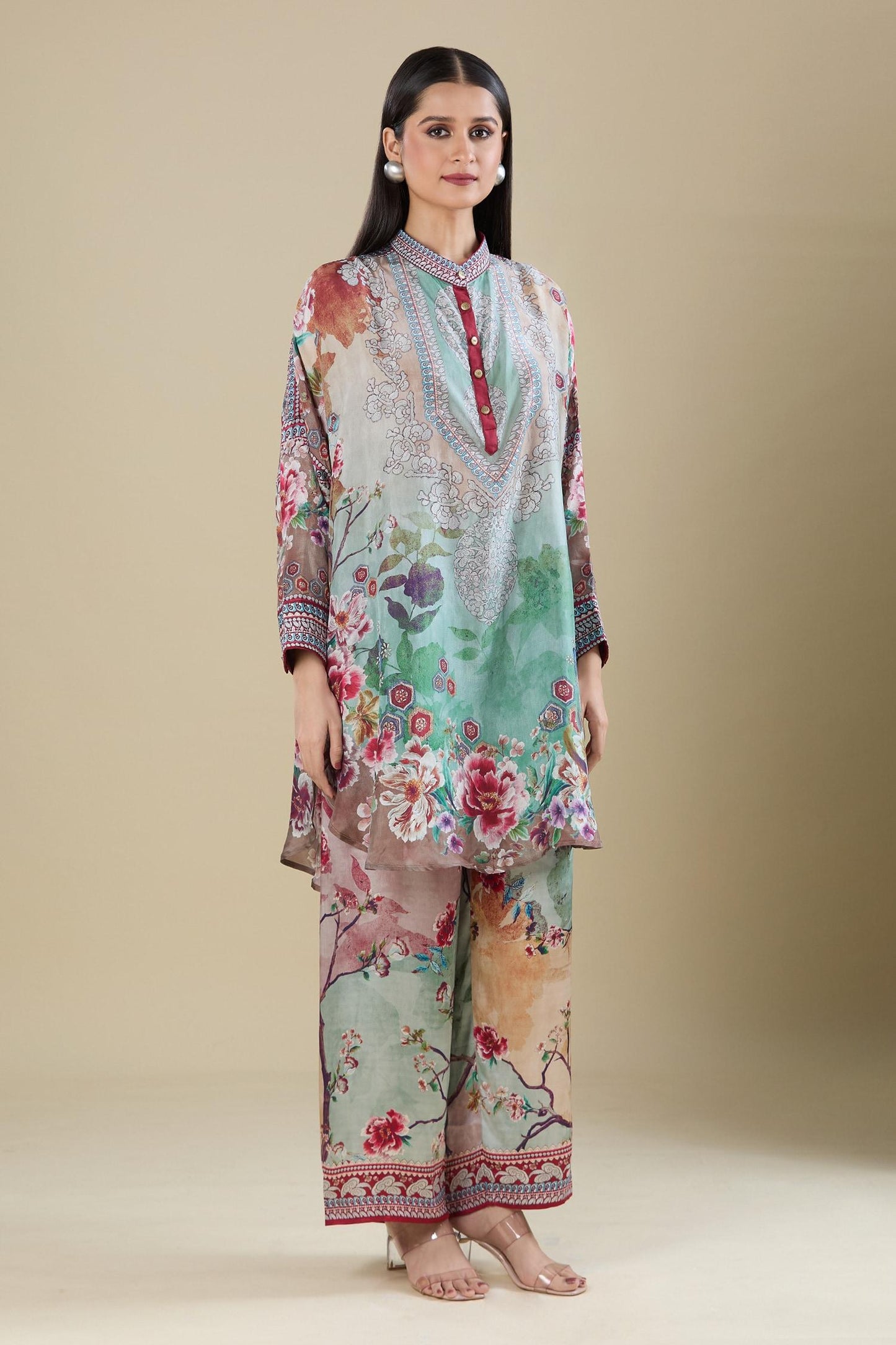 Multi Color Embroidery Mandarin Collar Printed Kaftan Shirt Tunic