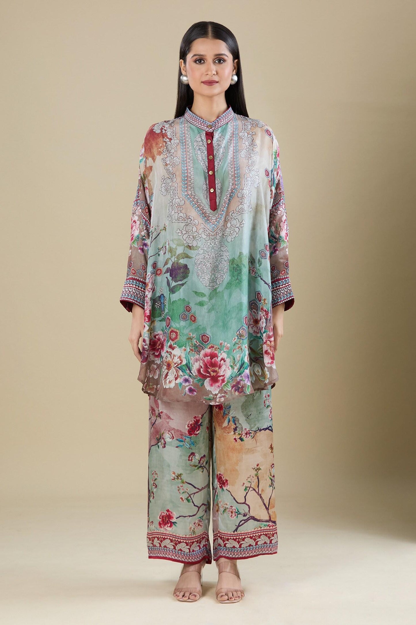 Multi Color Embroidery Mandarin Collar Printed Kaftan Shirt Tunic