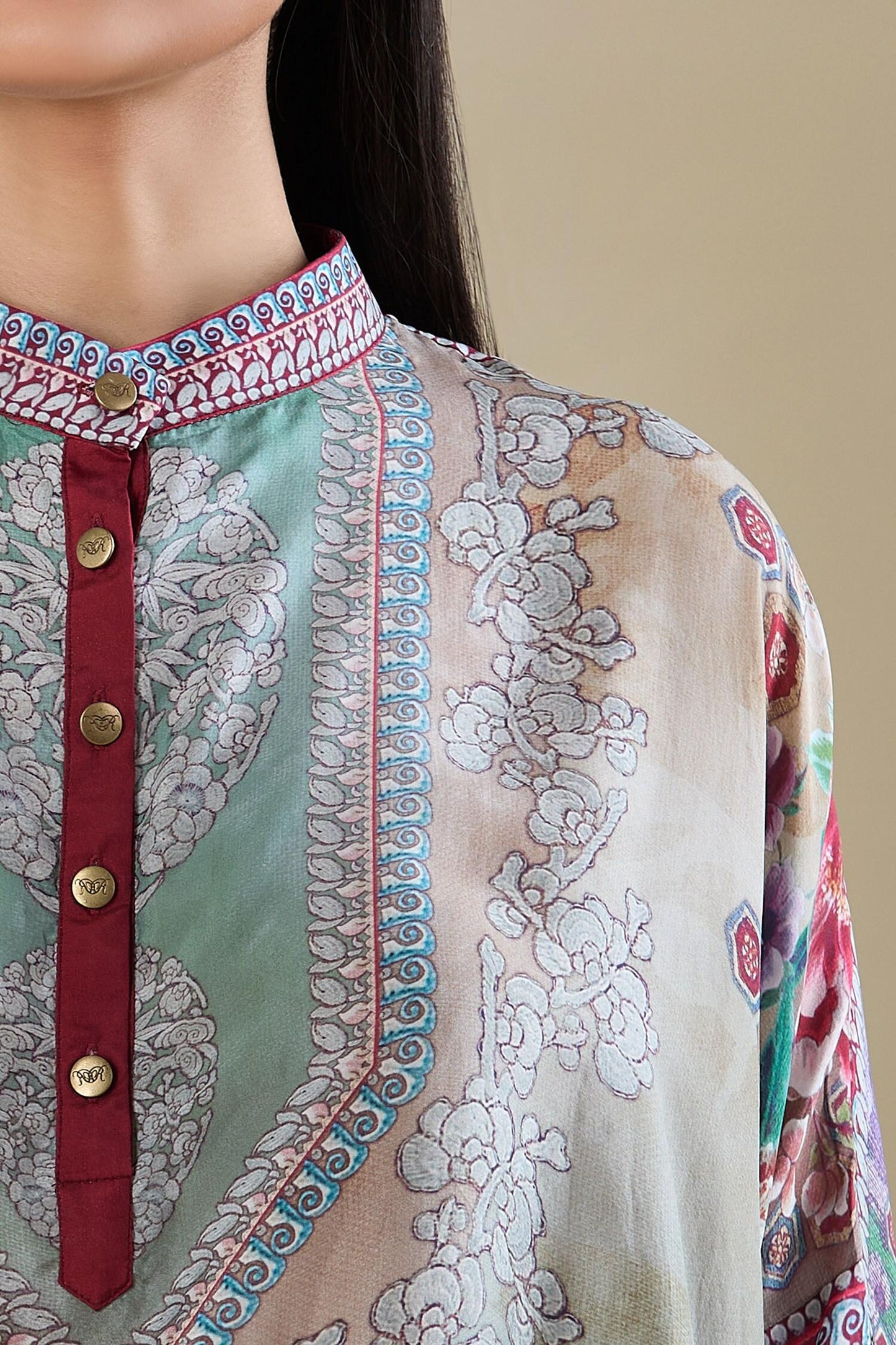 Multi Color Embroidery Mandarin Collar Printed Kaftan Shirt Tunic