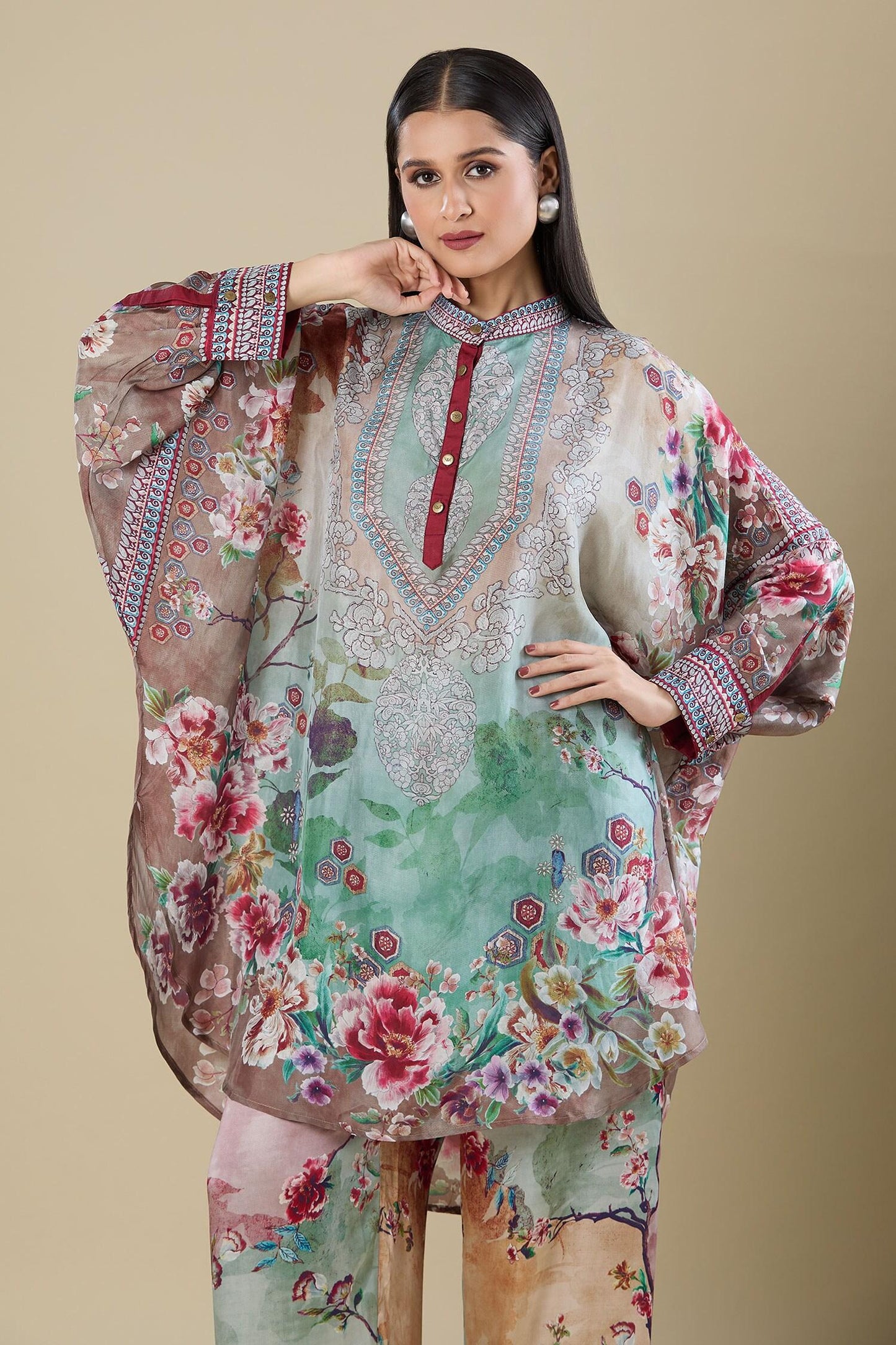 Multi Color Embroidery Mandarin Collar Printed Kaftan Shirt Tunic