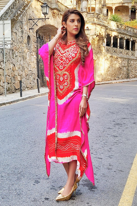 Multi Color Gabardine Embroidery Boat Neck Bandhani Kaftan