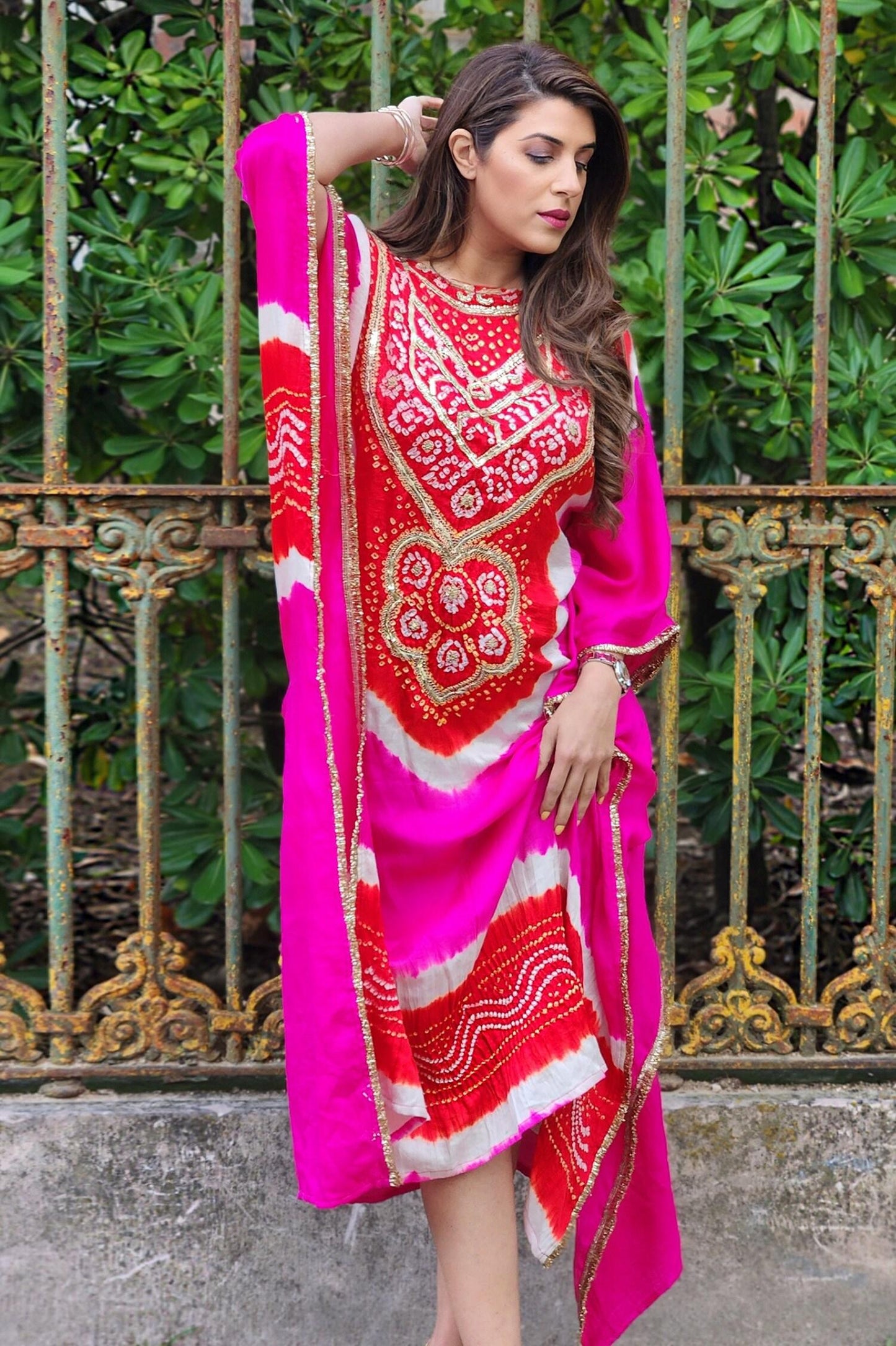 Multi Color Gabardine Embroidery Boat Neck Bandhani Kaftan
