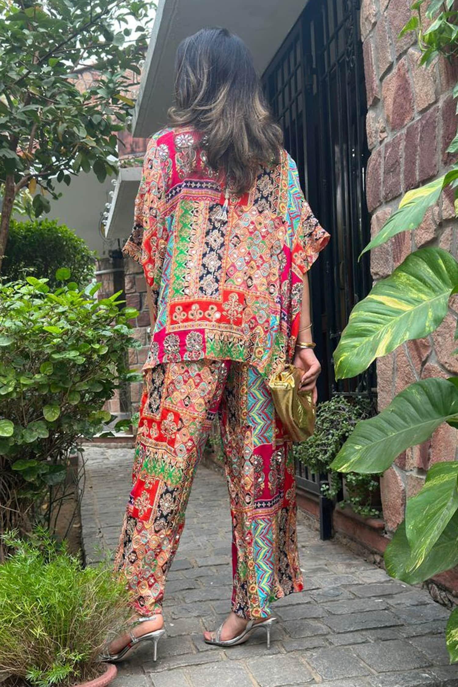 Multi Color Georgette Embroidery, Glitter V-neck Asymmetric Patchwork Kaftan Set - Designer Kurta Set