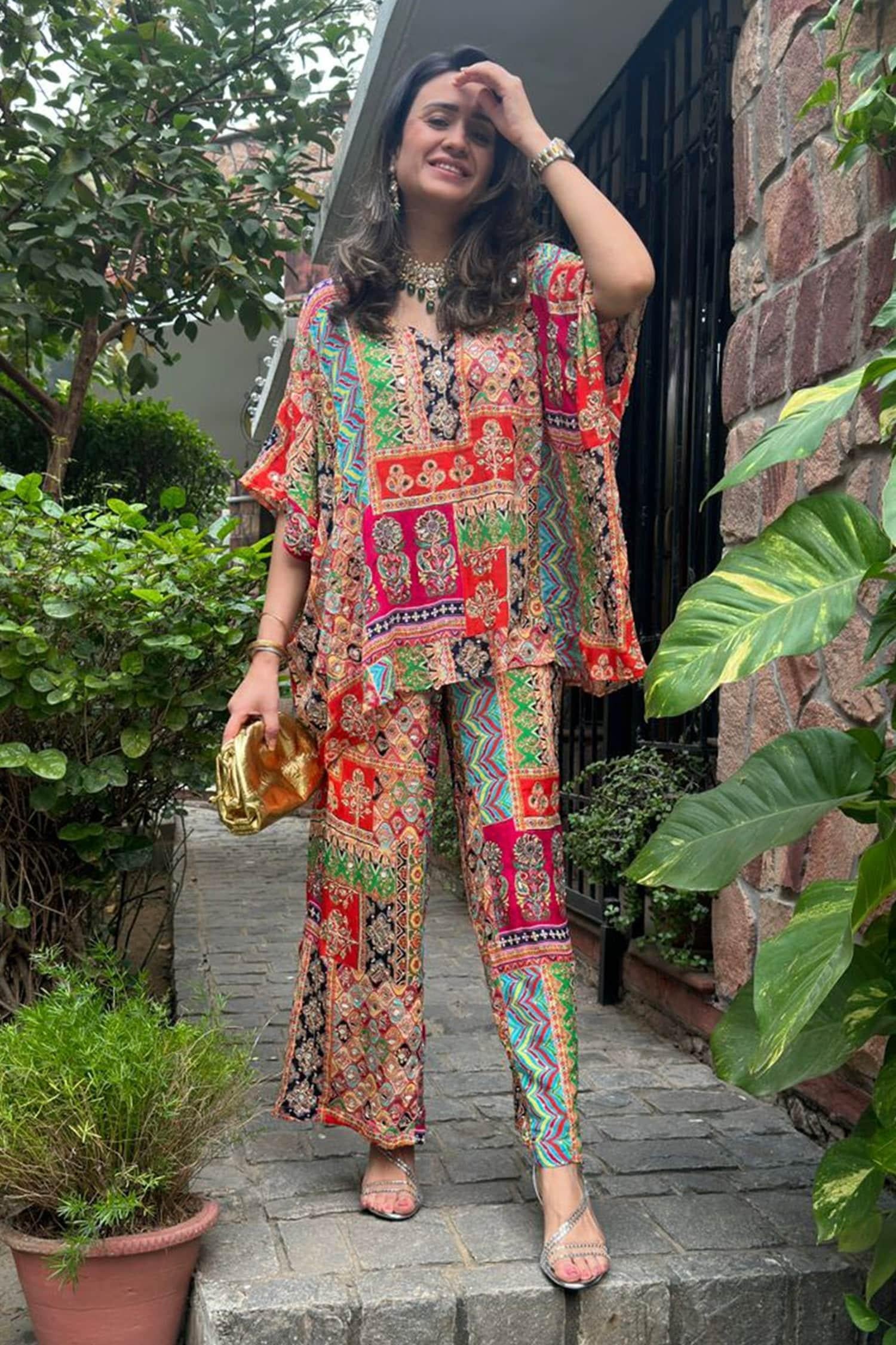 Multi Color Georgette Embroidery, Glitter V-neck Asymmetric Patchwork Kaftan Set - Designer Kurta Set