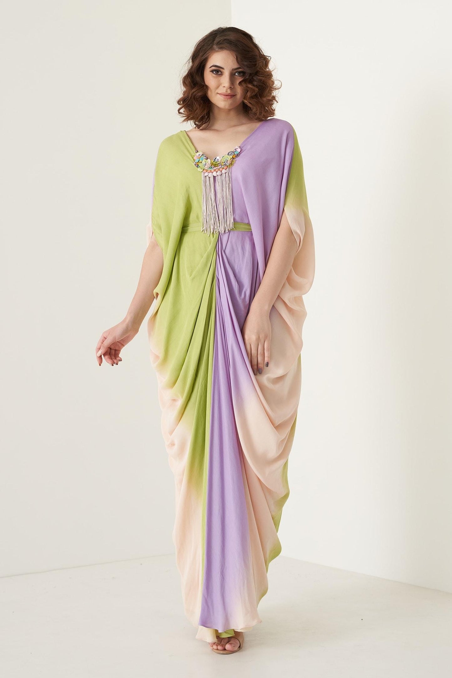 Multi Color Modal Satin Floral, Stone, Shell V Neck Ombre Kaftan