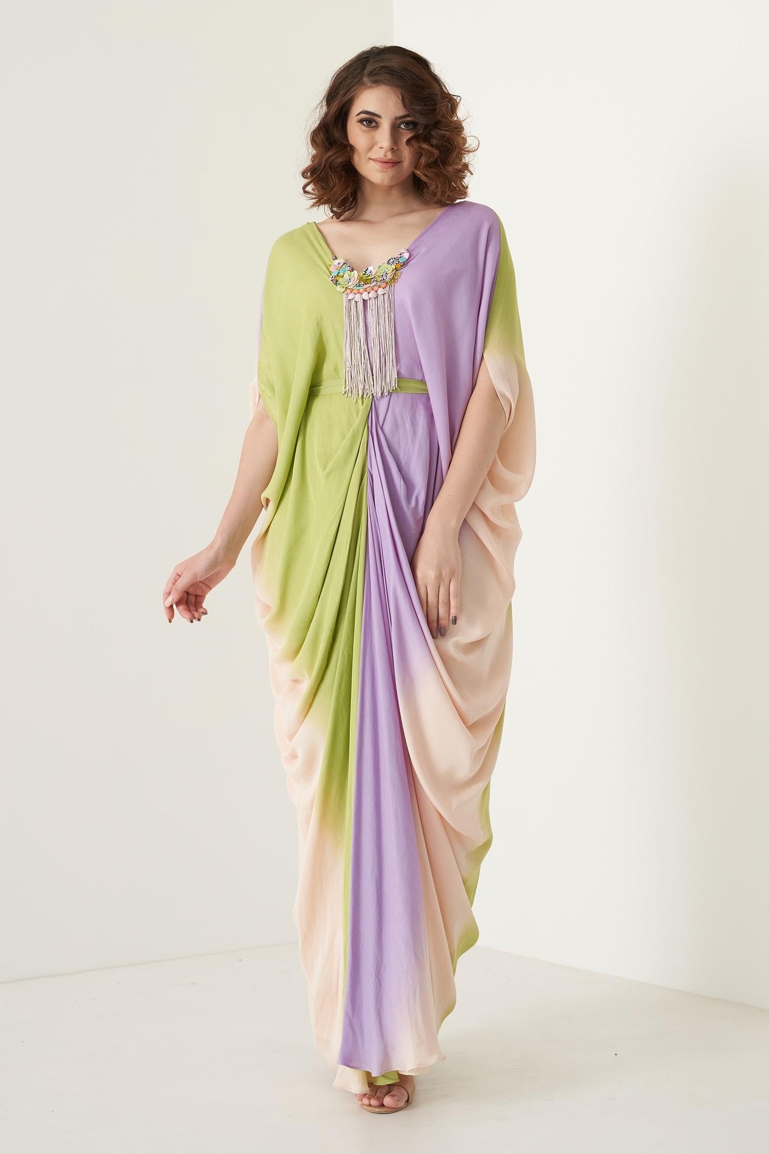 Multi Color Modal Satin Floral, Stone, Shell V Neck Ombre Kaftan