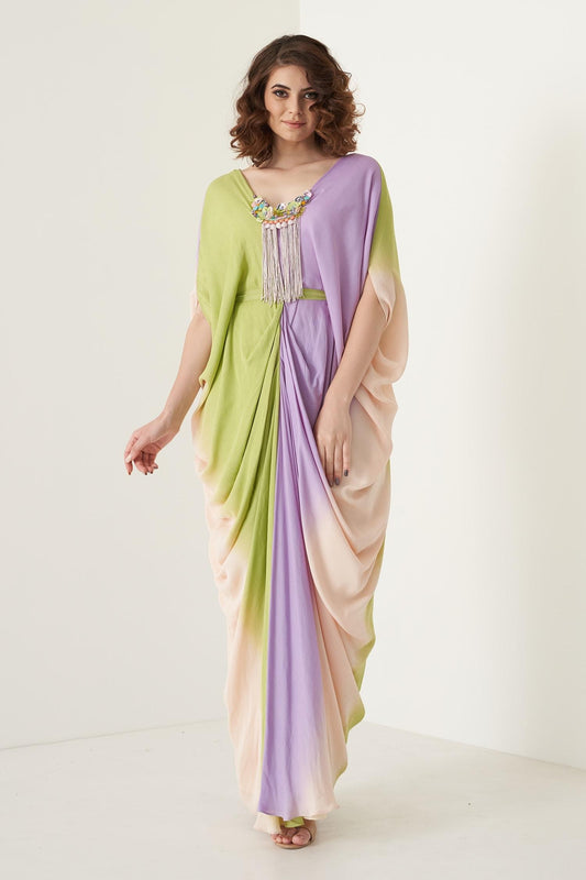Multi Color Modal Satin Floral, Stone, Shell V Neck Ombre Kaftan