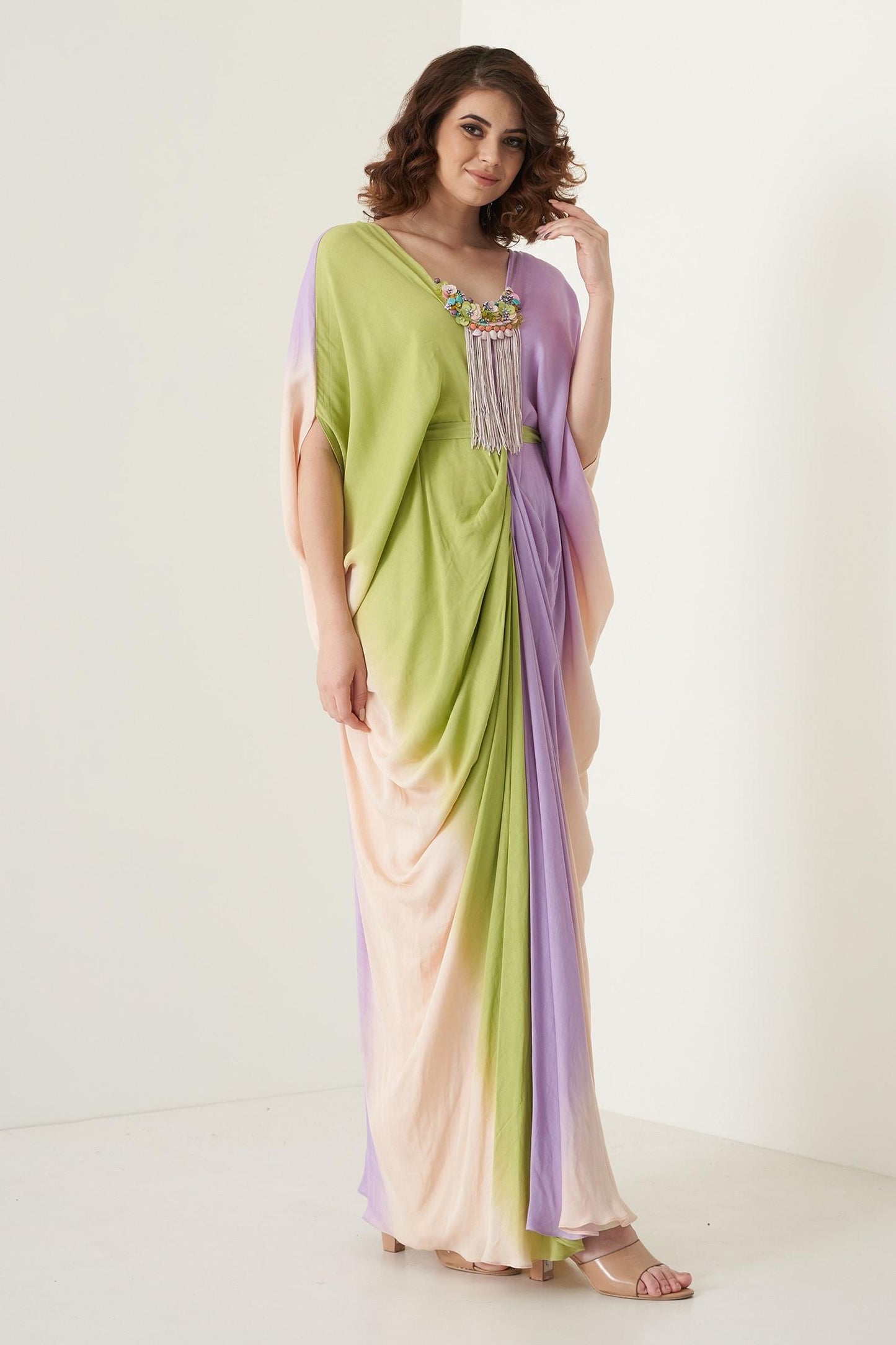 Multi Color Modal Satin Floral, Stone, Shell V Neck Ombre Kaftan