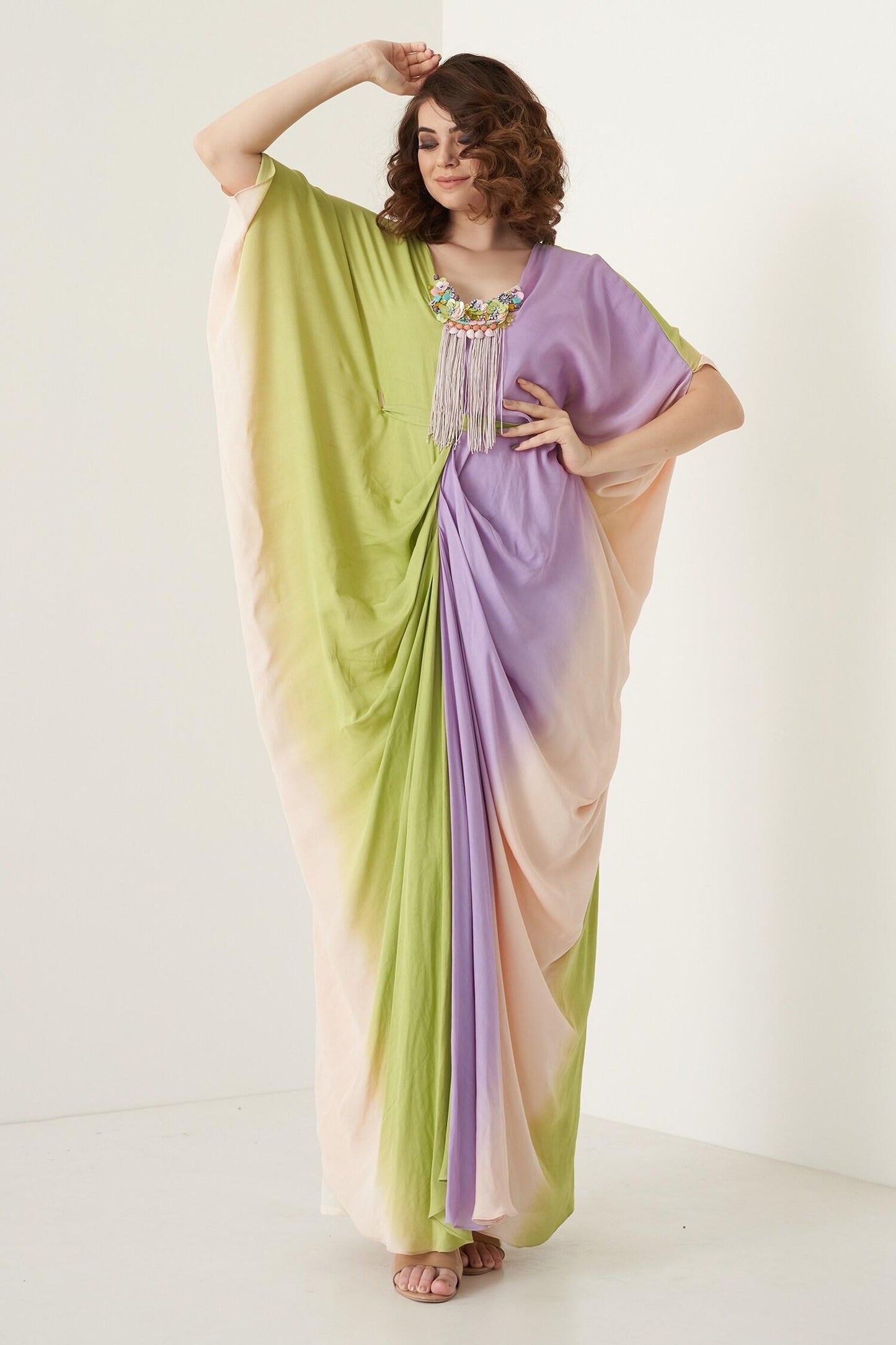 Multi Color Modal Satin Floral, Stone, Shell V Neck Ombre Kaftan