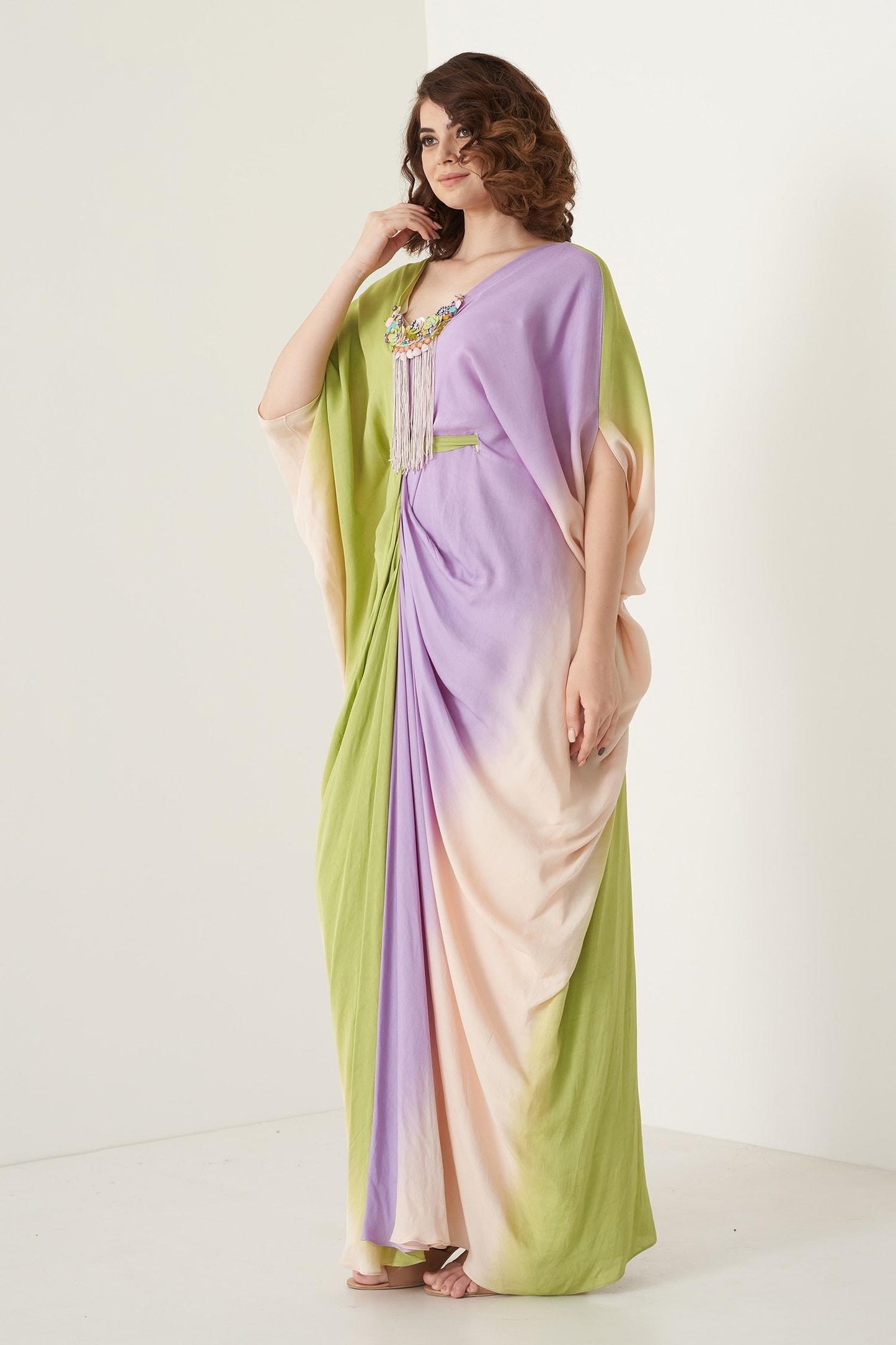 Multi Color Modal Satin Floral, Stone, Shell V Neck Ombre Kaftan