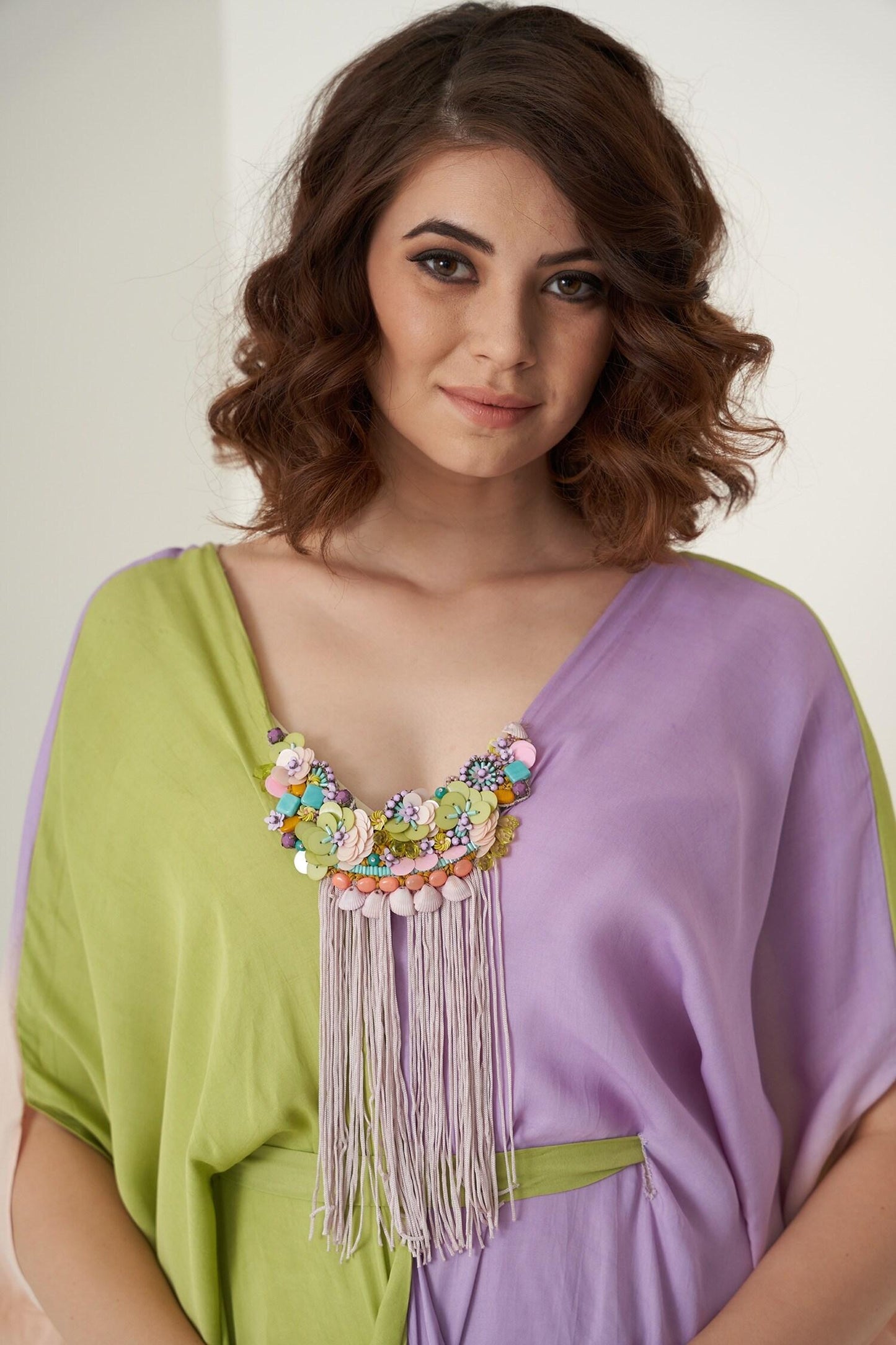 Multi Color Modal Satin Floral, Stone, Shell V Neck Ombre Kaftan