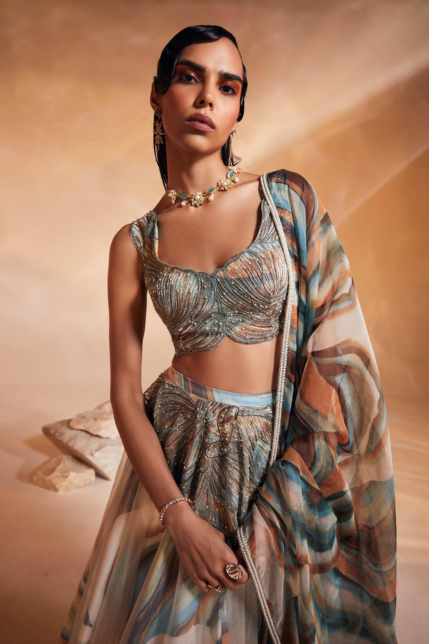 Multi Color Organza Print And Embroidery Abstract Ivy Embellished Lehenga Set - Designer Kurta Set