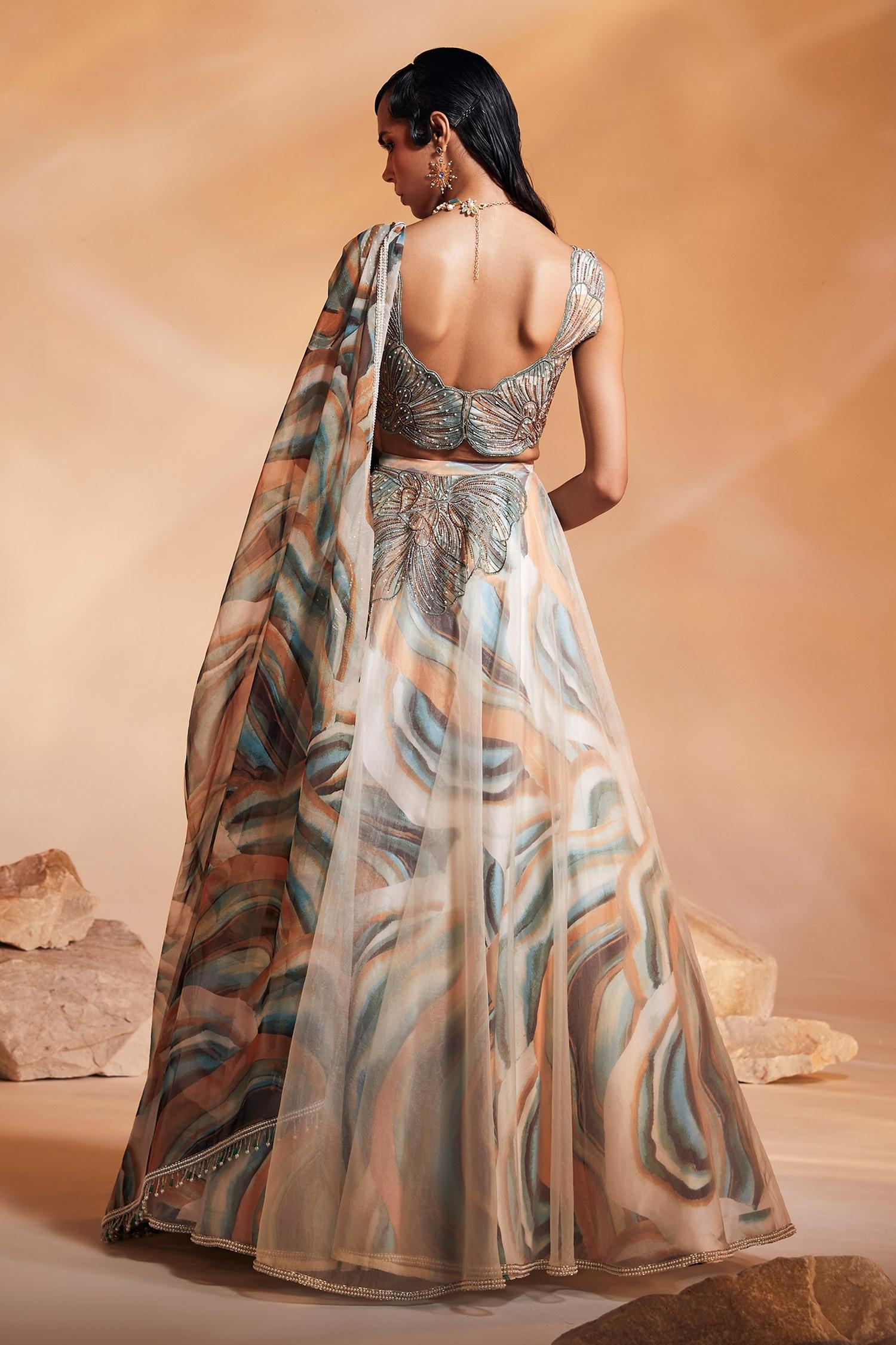Multi Color Organza Print And Embroidery Abstract Ivy Embellished Lehenga Set - Designer Kurta Set