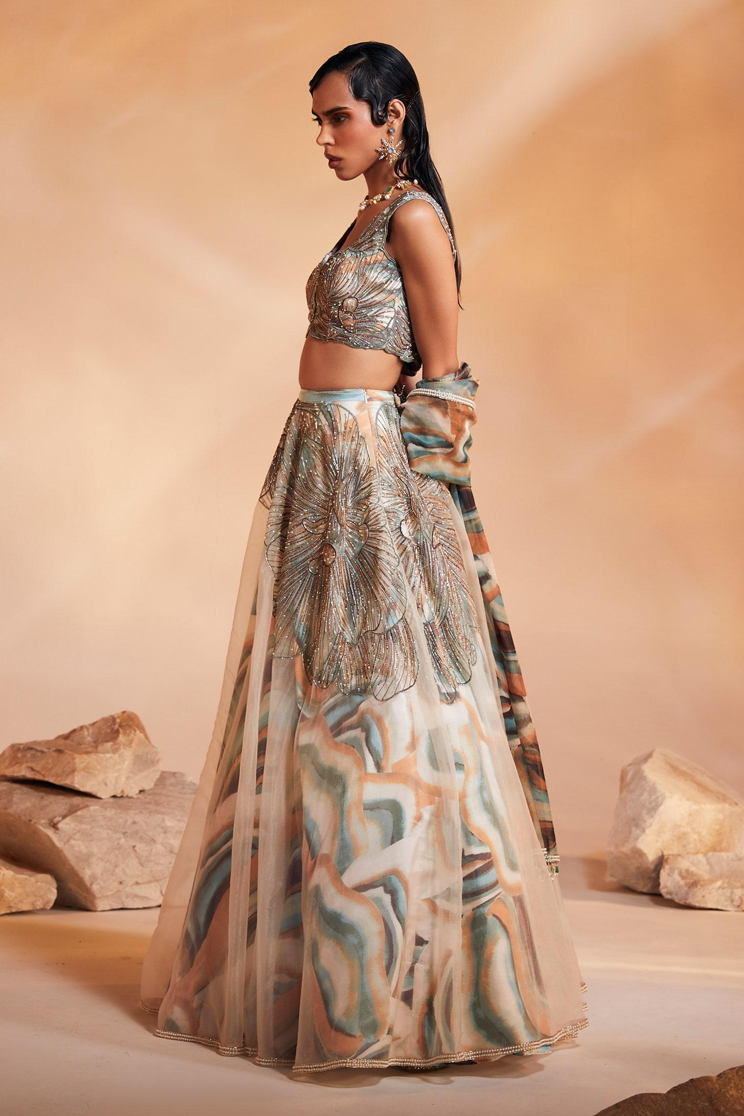 Multi Color Organza Print And Embroidery Abstract Ivy Embellished Lehenga Set - Designer Kurta Set