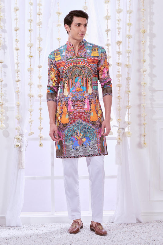 Kurta Set Multi Color Silk Cotton Embroidery Royal Raj-darbar Print