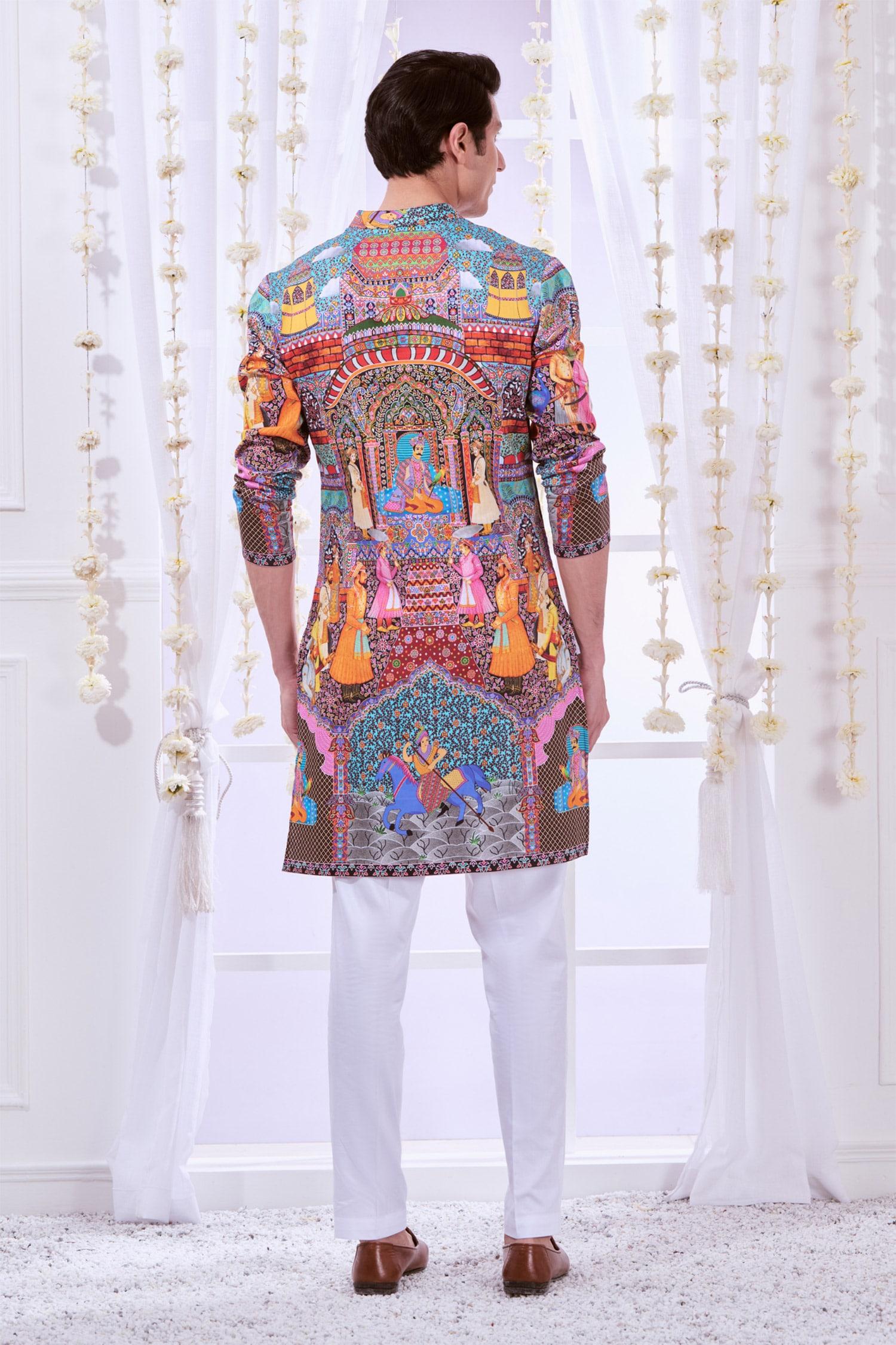 Kurta Set Multi Color Silk Cotton Embroidery Royal Raj-darbar Print