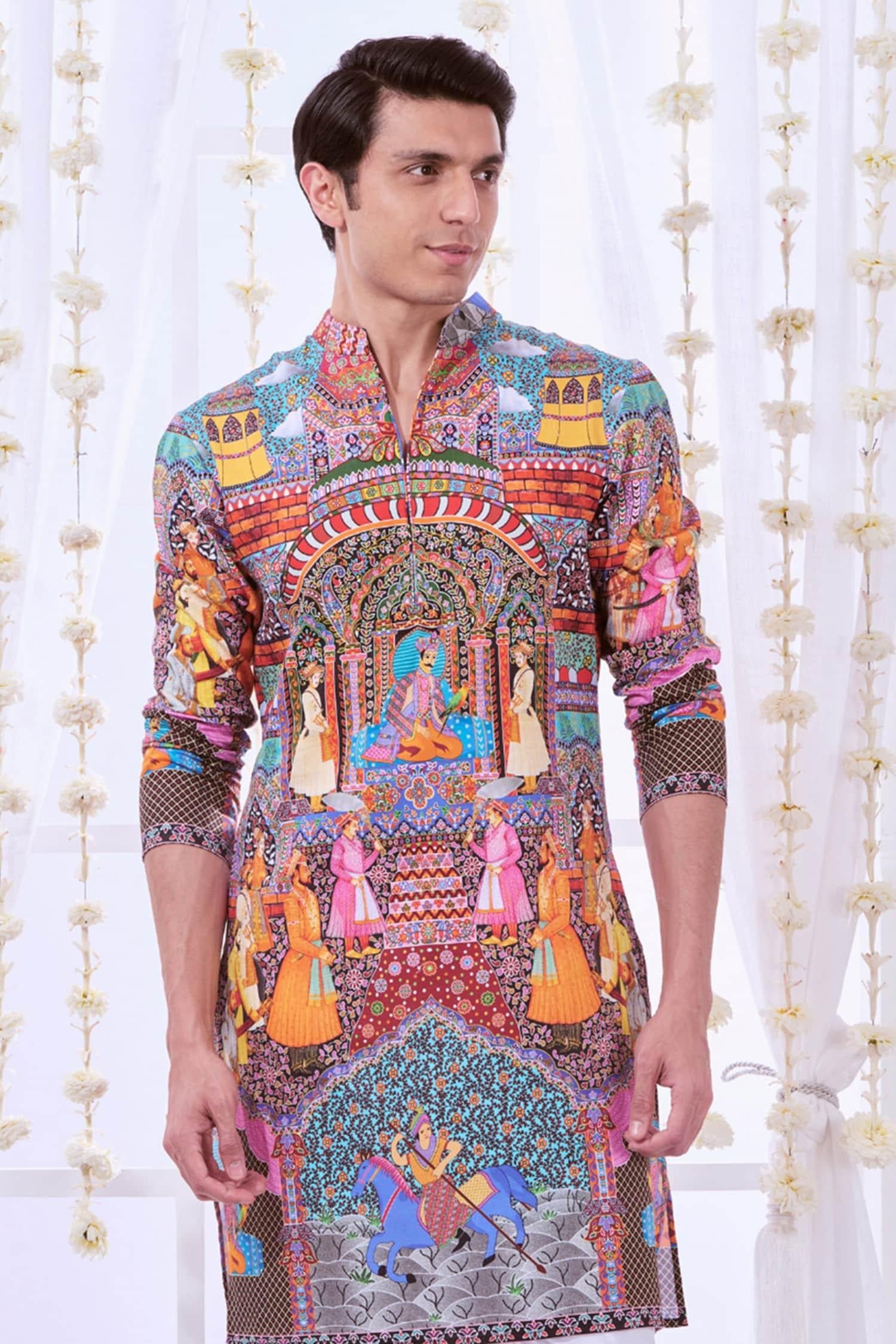 Kurta Set Multi Color Silk Cotton Embroidery Royal Raj-darbar Print