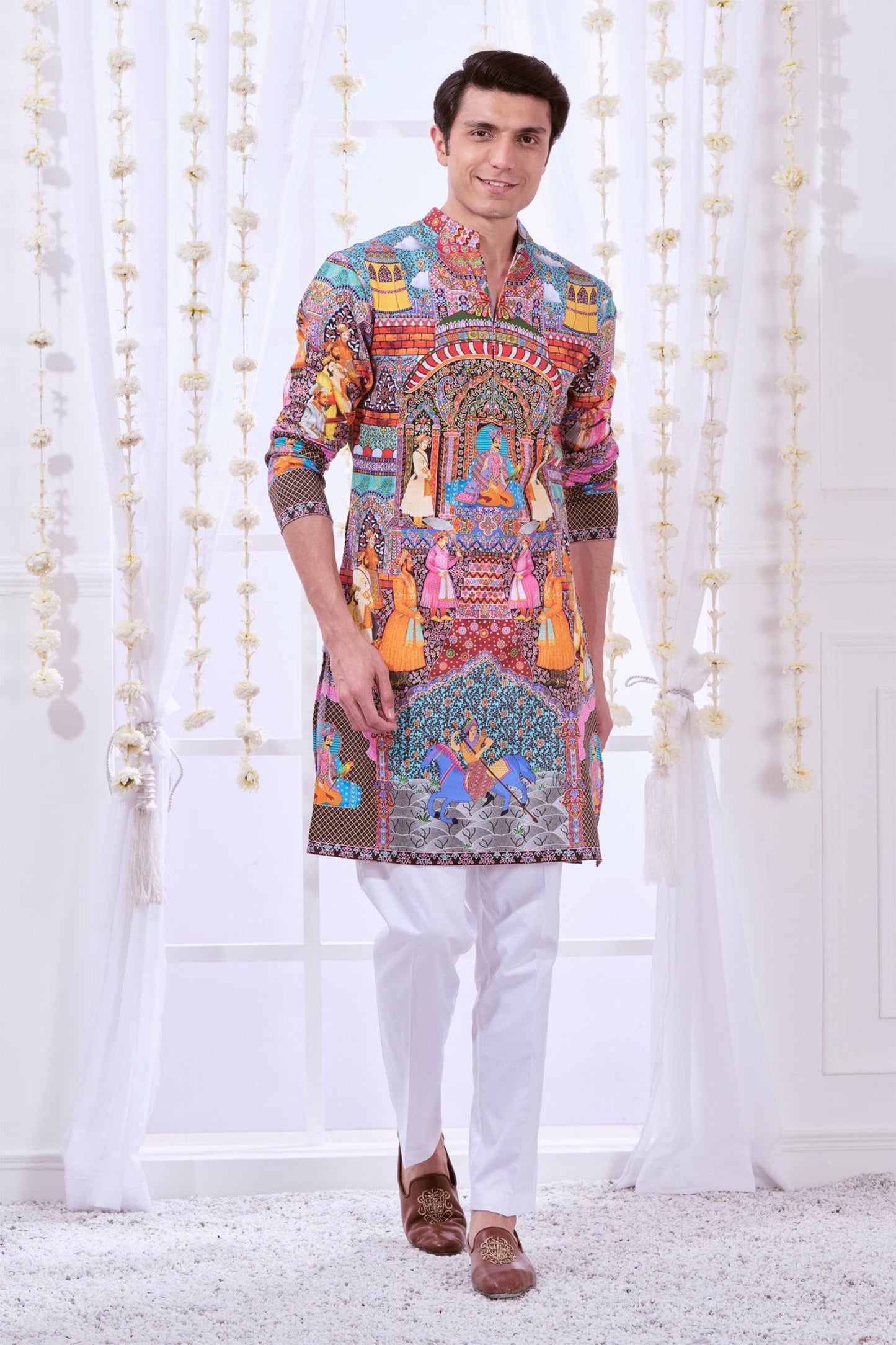 Kurta Set Multi Color Silk Cotton Embroidery Royal Raj-darbar Print