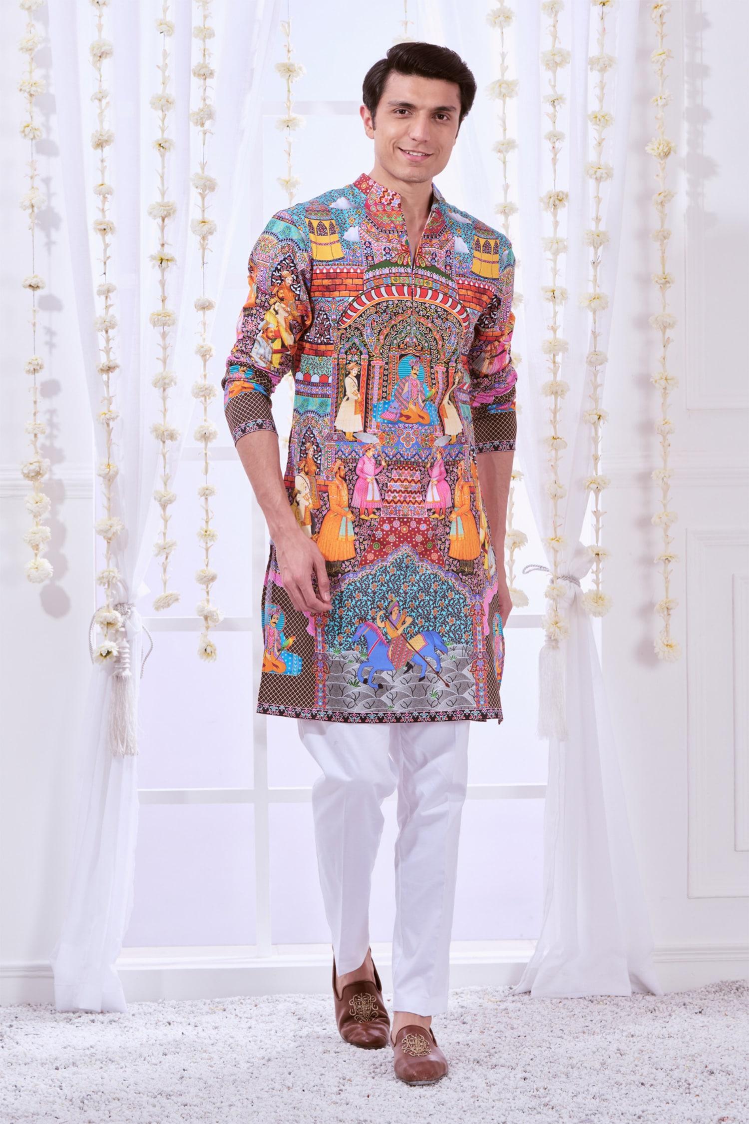 Kurta Set Multi Color Silk Cotton Embroidery Royal Raj-darbar Print