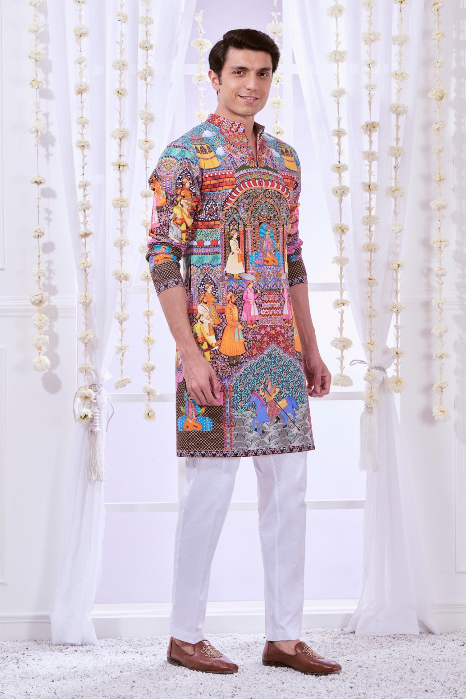 Kurta Set Multi Color Silk Cotton Embroidery Royal Raj-darbar Print