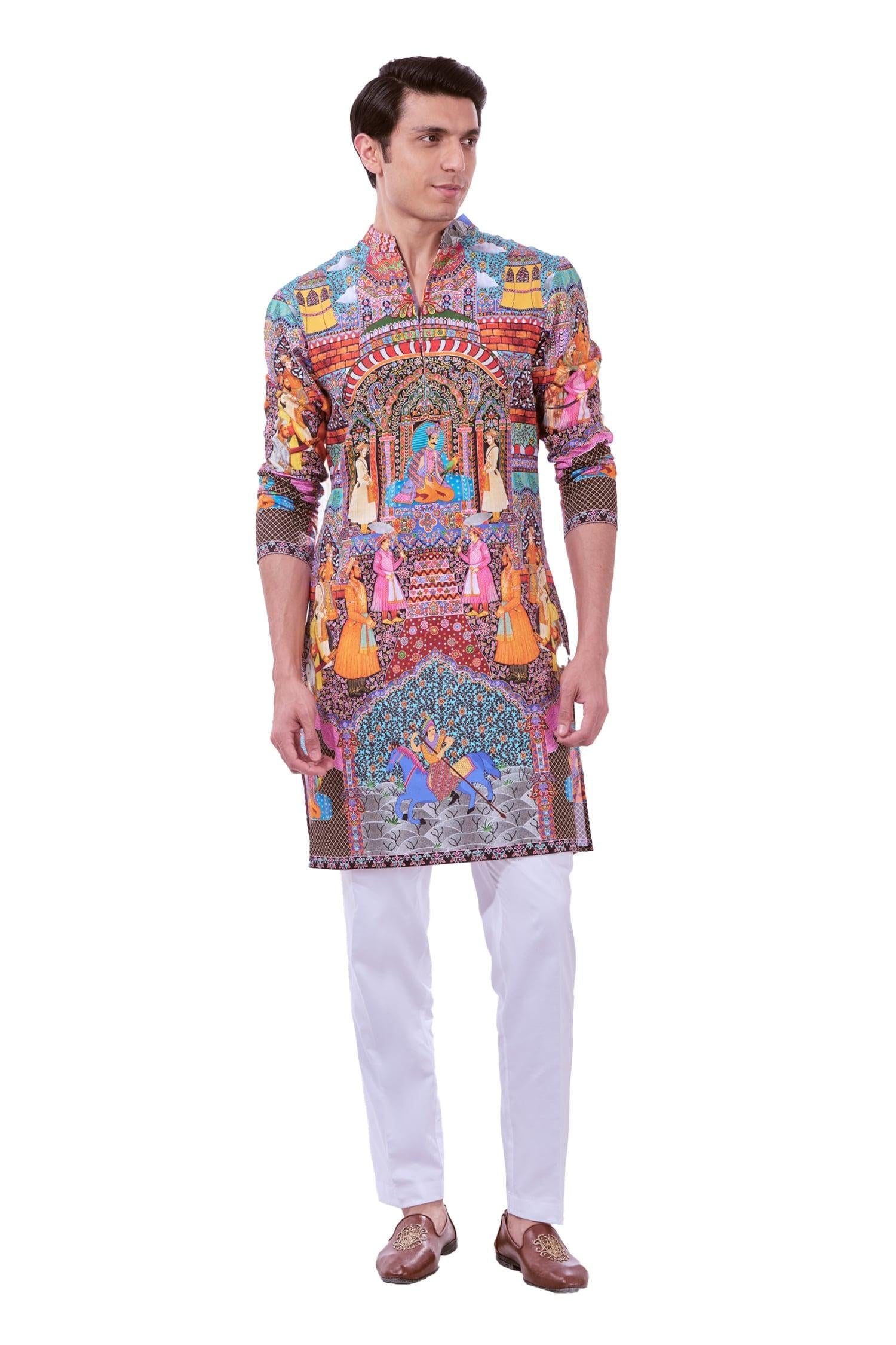 Kurta Set Multi Color Silk Cotton Embroidery Royal Raj-darbar Print