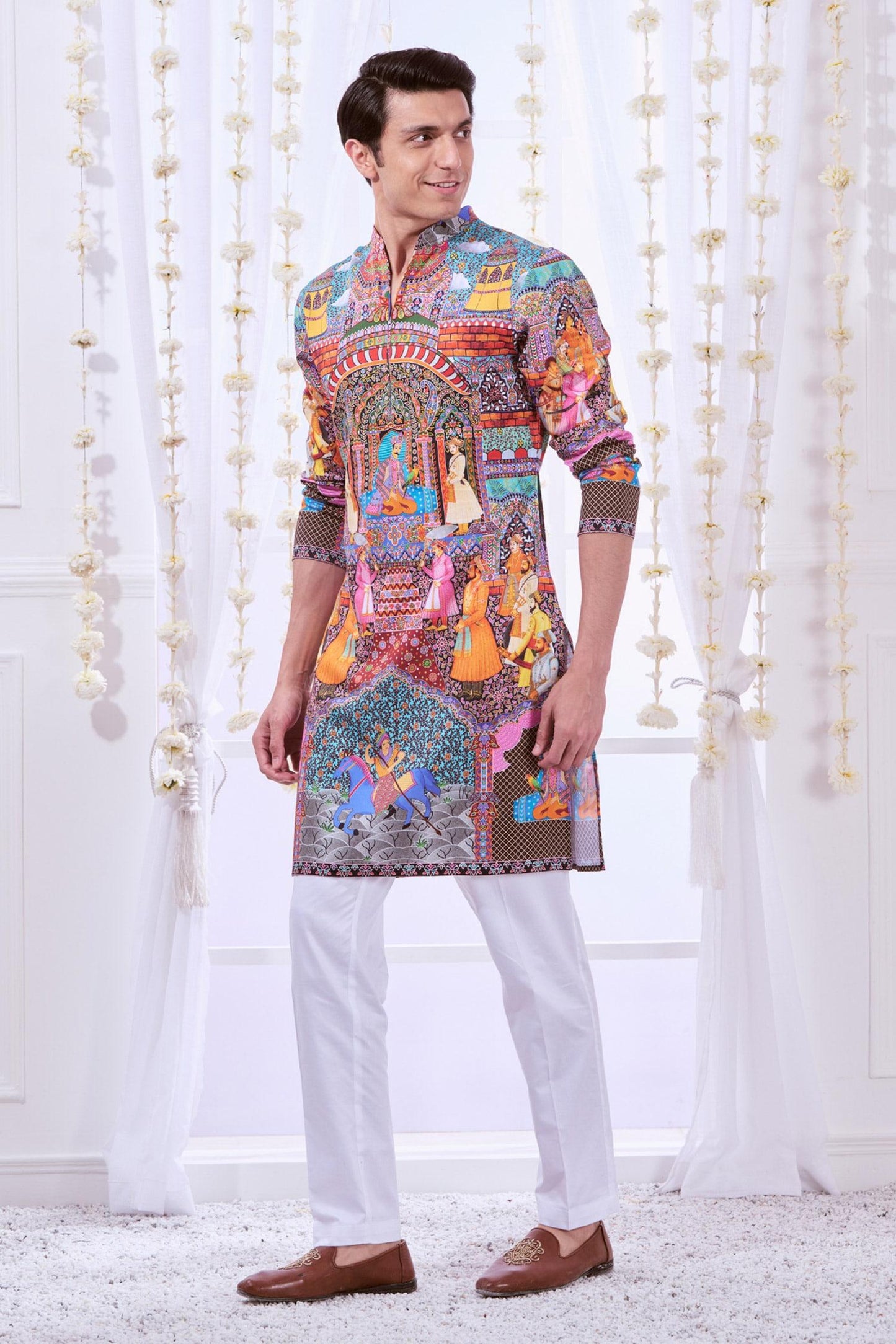 Kurta Set Multi Color Silk Cotton Embroidery Royal Raj-darbar Print