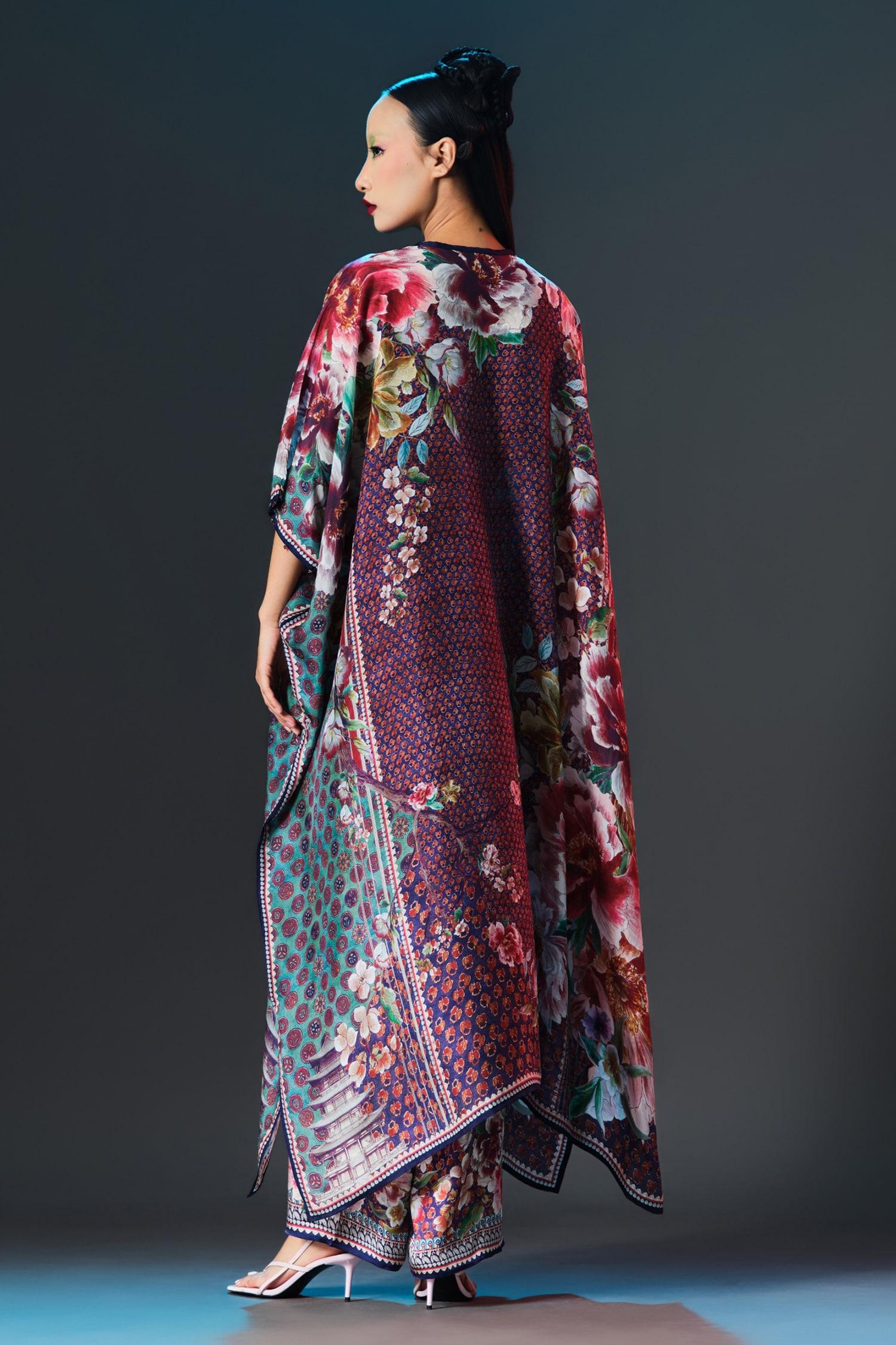 Multi Color Silk V-neck Kaliza V Floral - Designer Kurta Set
