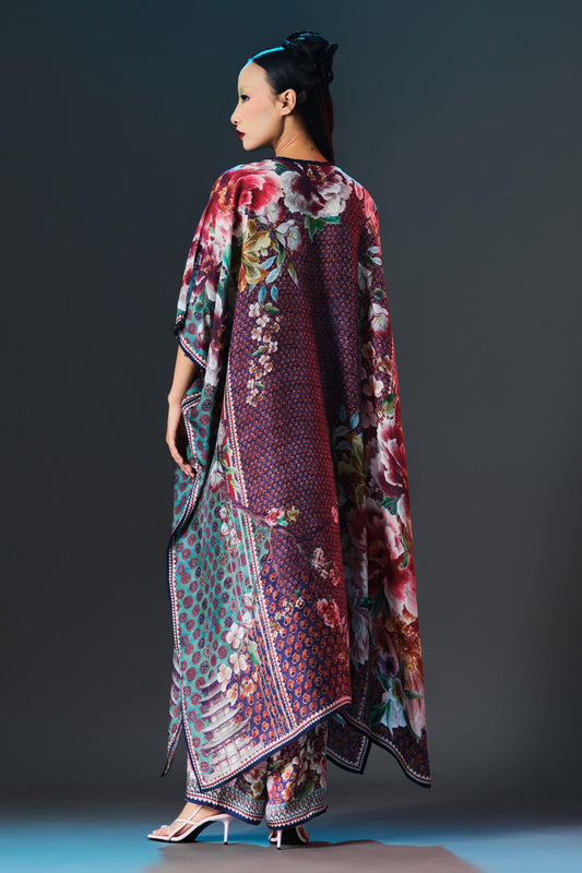 Multi Color Silk V-neck Kaliza V Floral - Designer Kurta Set