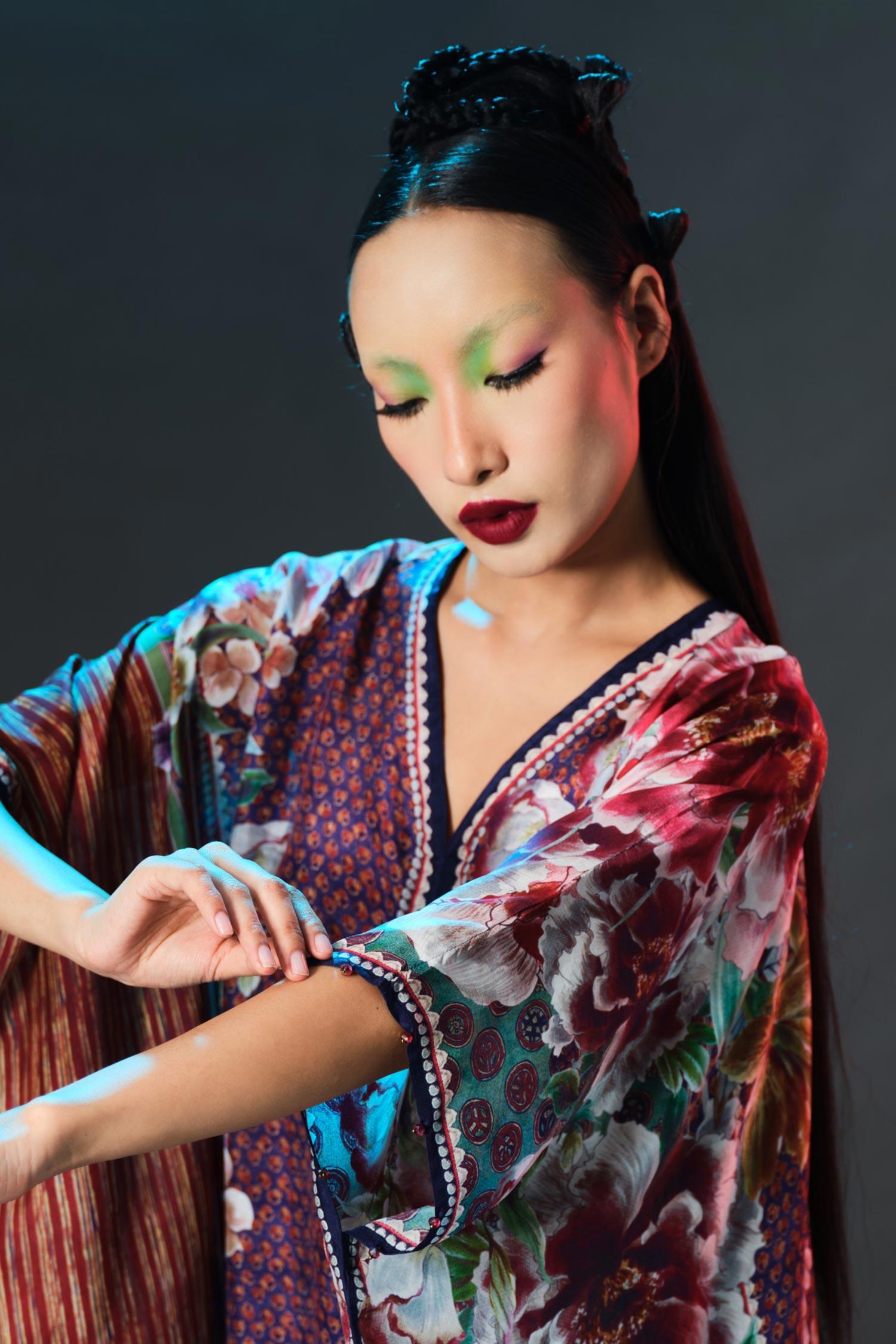 Multi Color Silk V-neck Kaliza V Floral - Designer Kurta Set