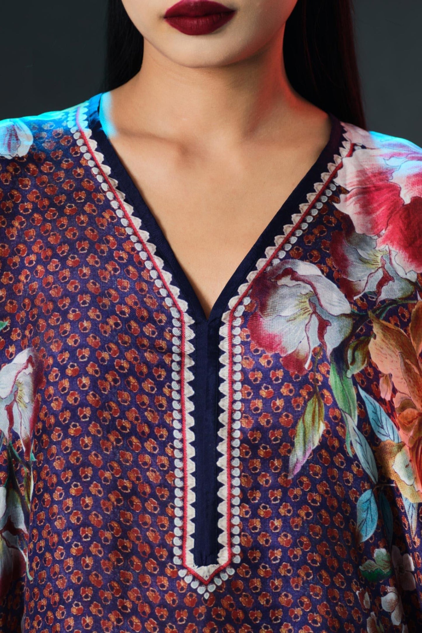 Multi Color Silk V-neck Kaliza V Floral - Designer Kurta Set