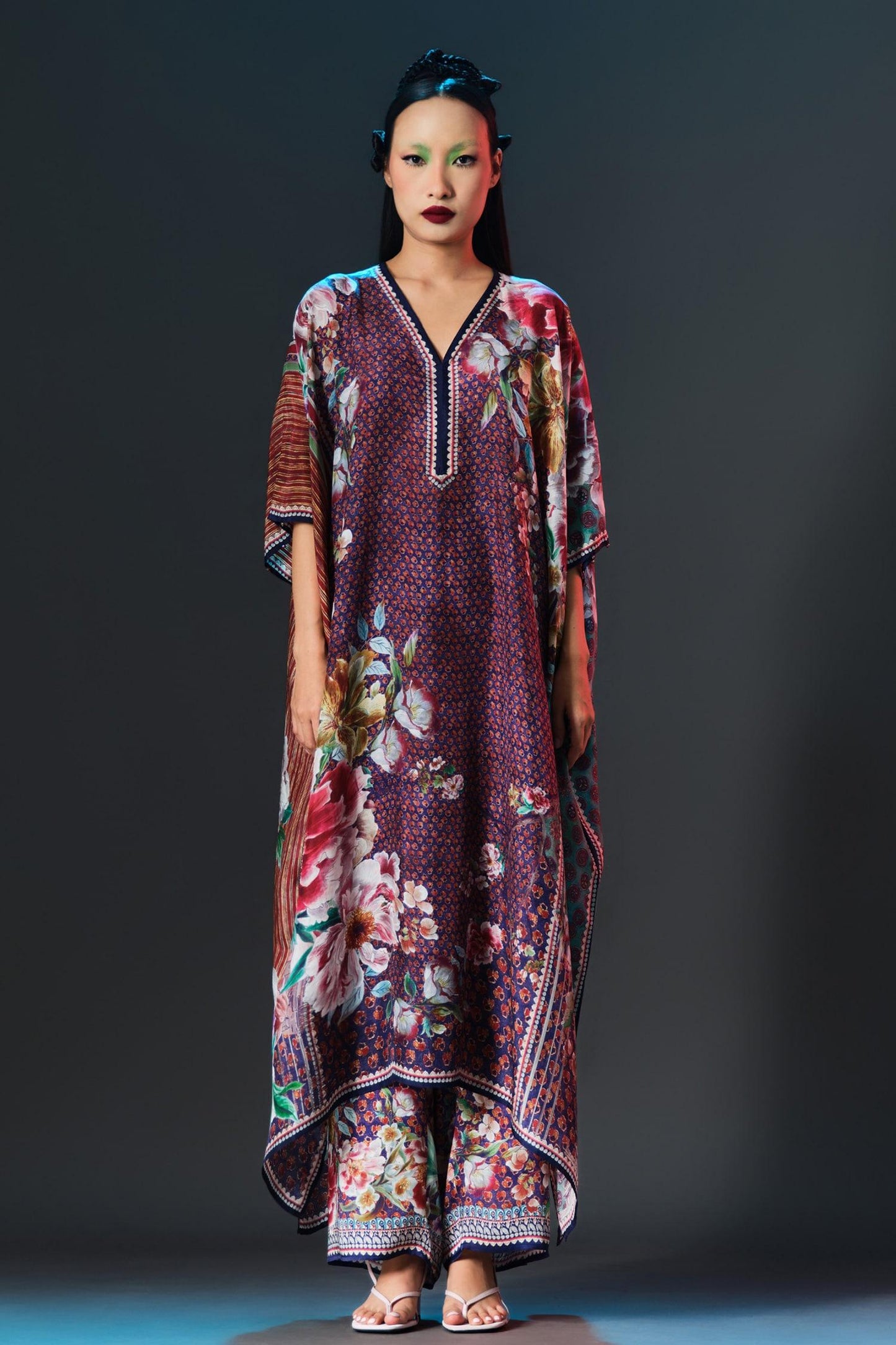 Multi Color Silk V-neck Kaliza V Floral - Designer Kurta Set