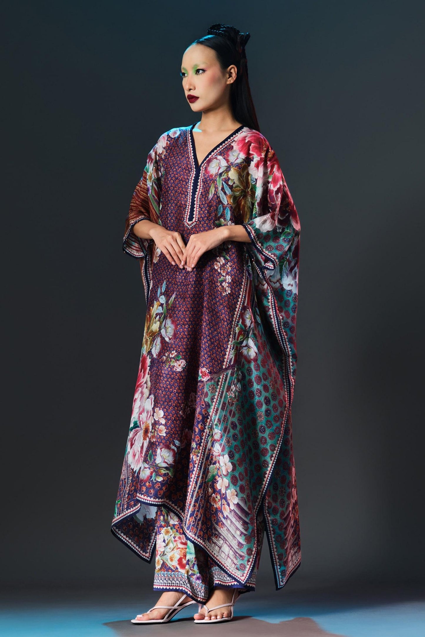 Multi Color Silk V-neck Kaliza V Floral - Designer Kurta Set