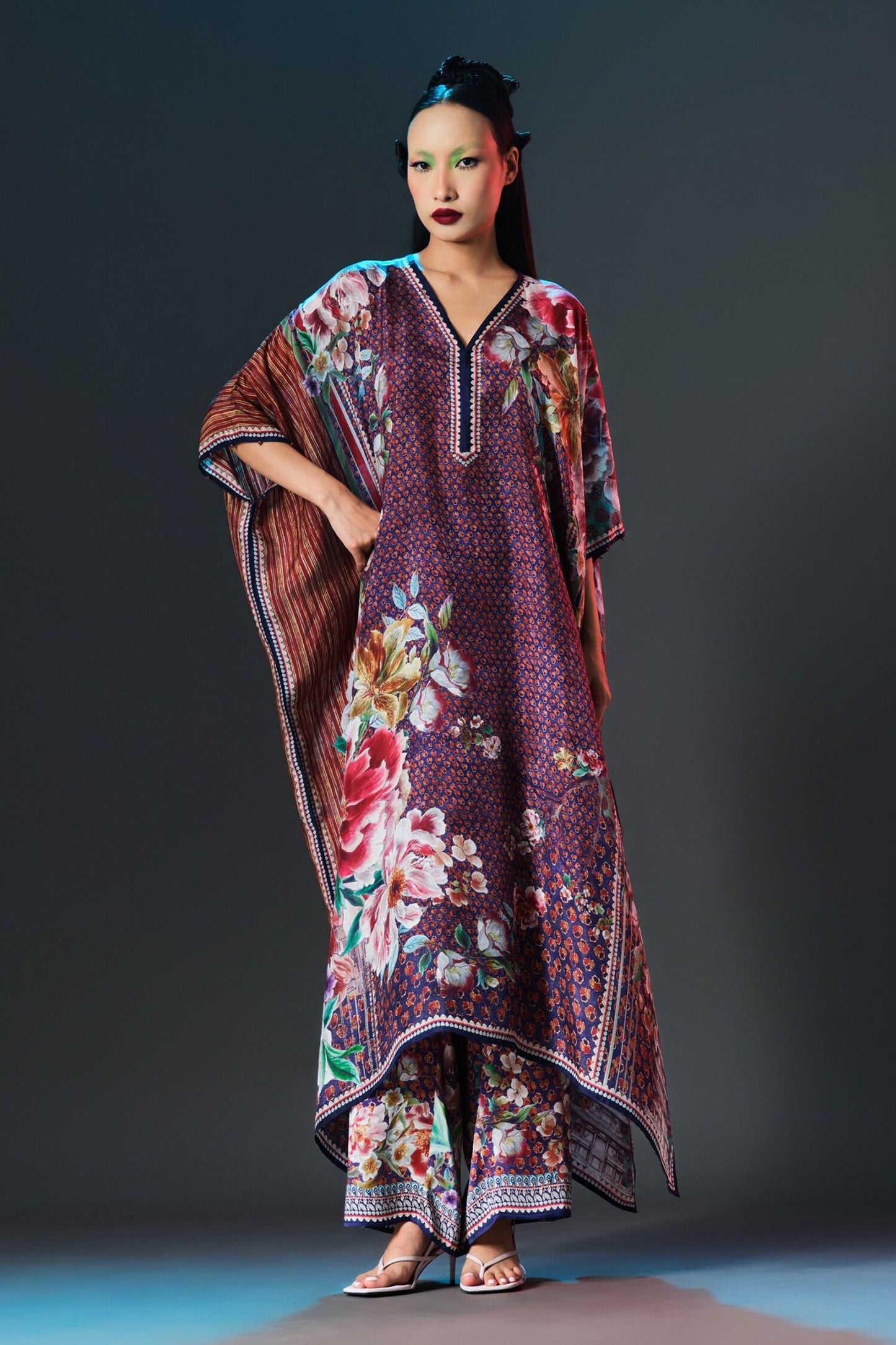Multi Color Silk V-neck Kaliza V Floral - Designer Kurta Set