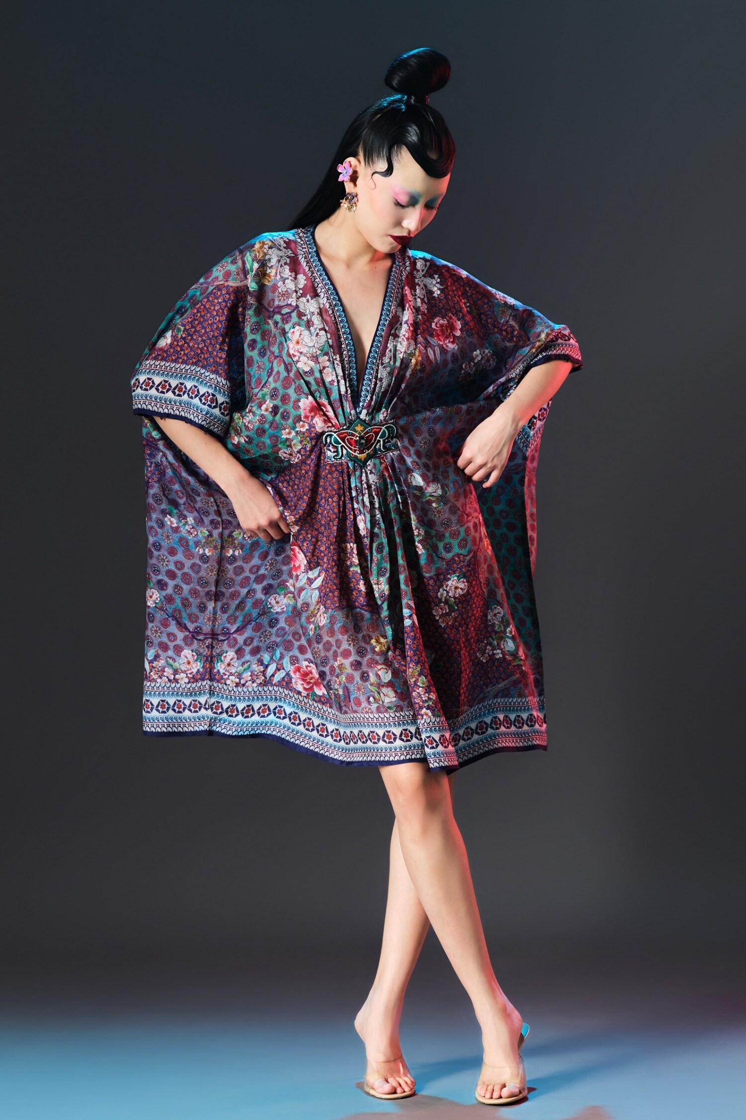 Multi Color Silk V-neck Maya Print Designer - Designer Kurta Set