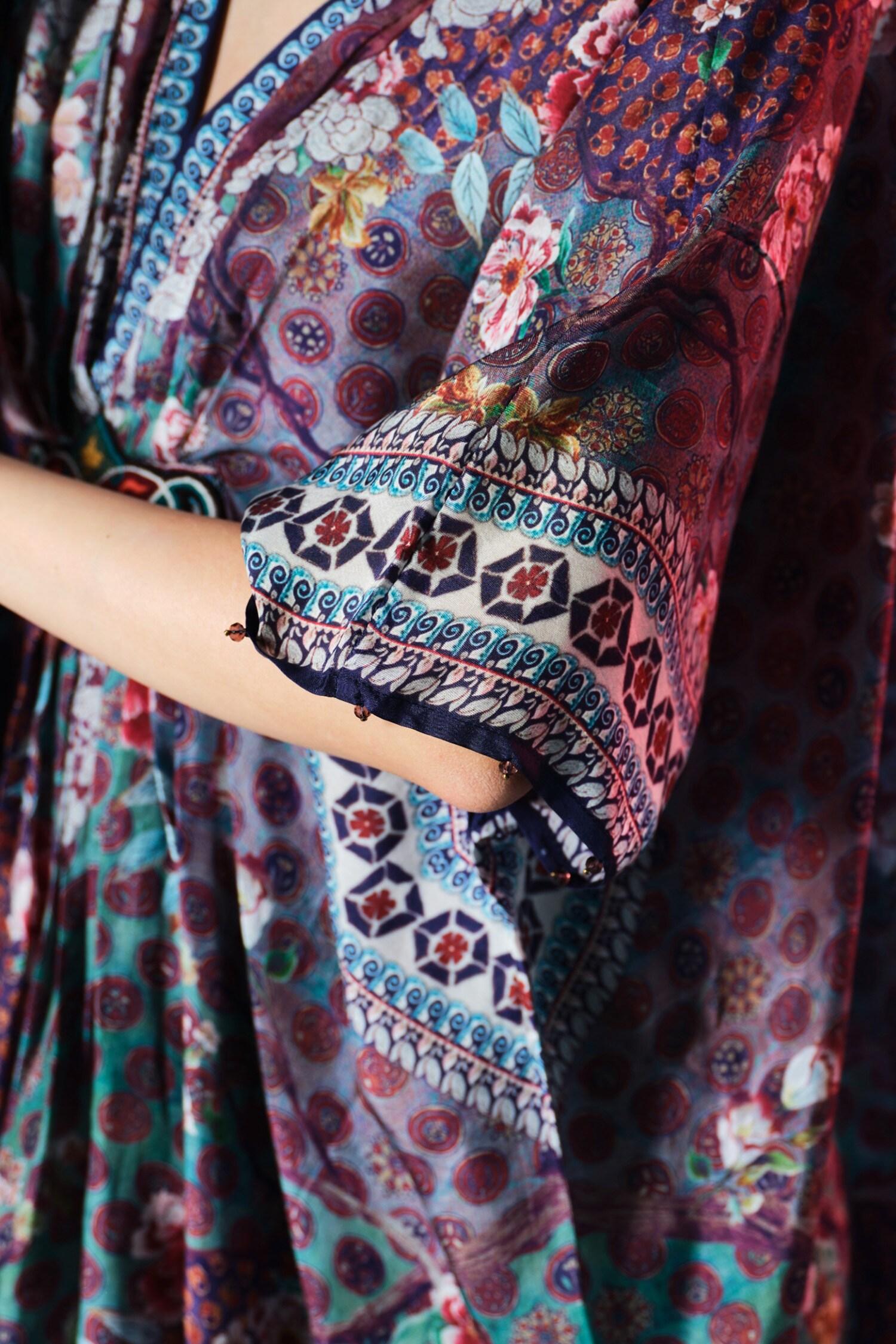 Multi Color Silk V-neck Maya Print Designer - Designer Kurta Set