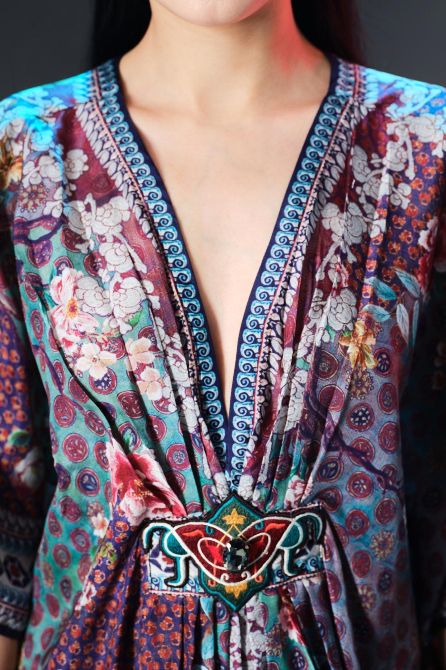 Multi Color Silk V-neck Maya Print Designer - Designer Kurta Set