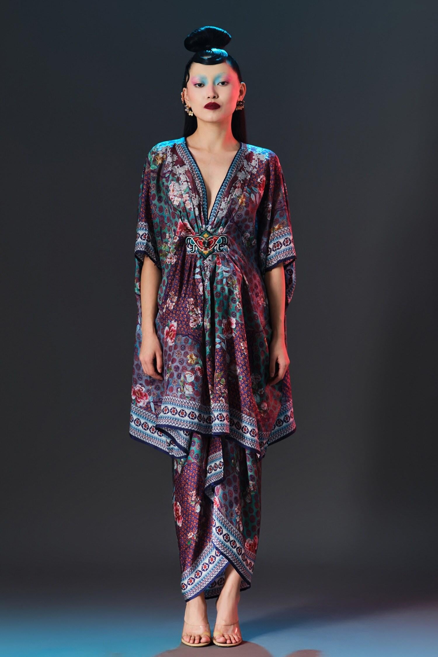 Multi Color Silk V-neck Maya Print Designer - Designer Kurta Set
