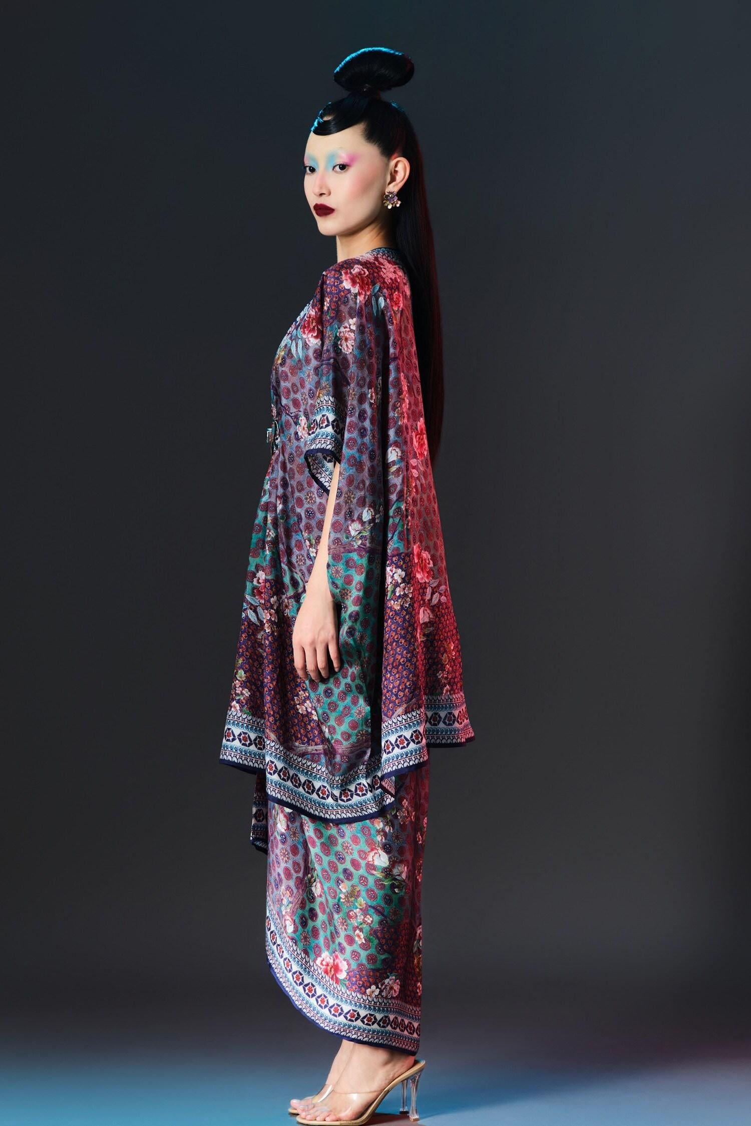 Multi Color Silk V-neck Maya Print Designer - Designer Kurta Set