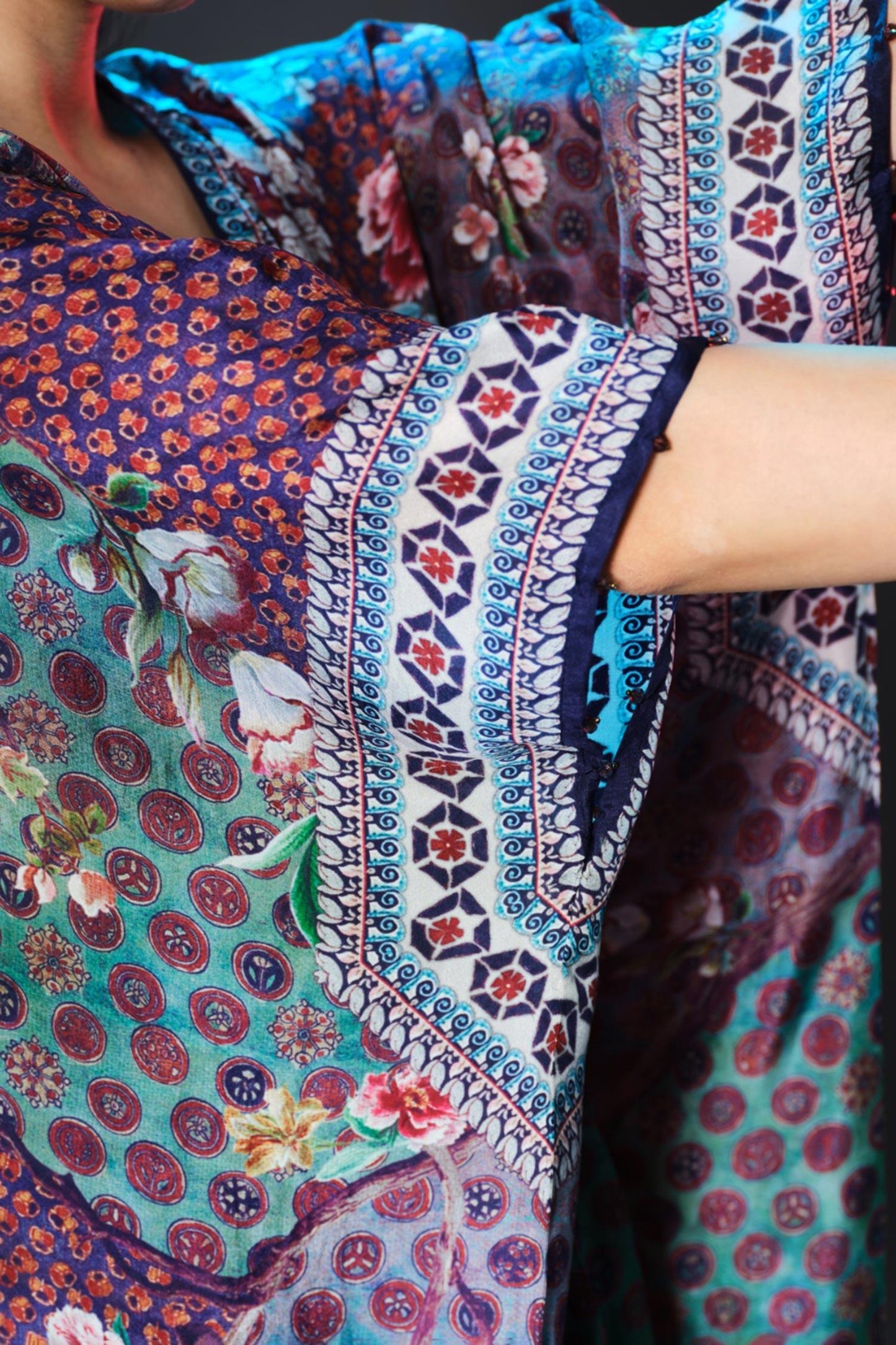 Multi Color Silk V-neck Maya Print Designer - Designer Kurta Set