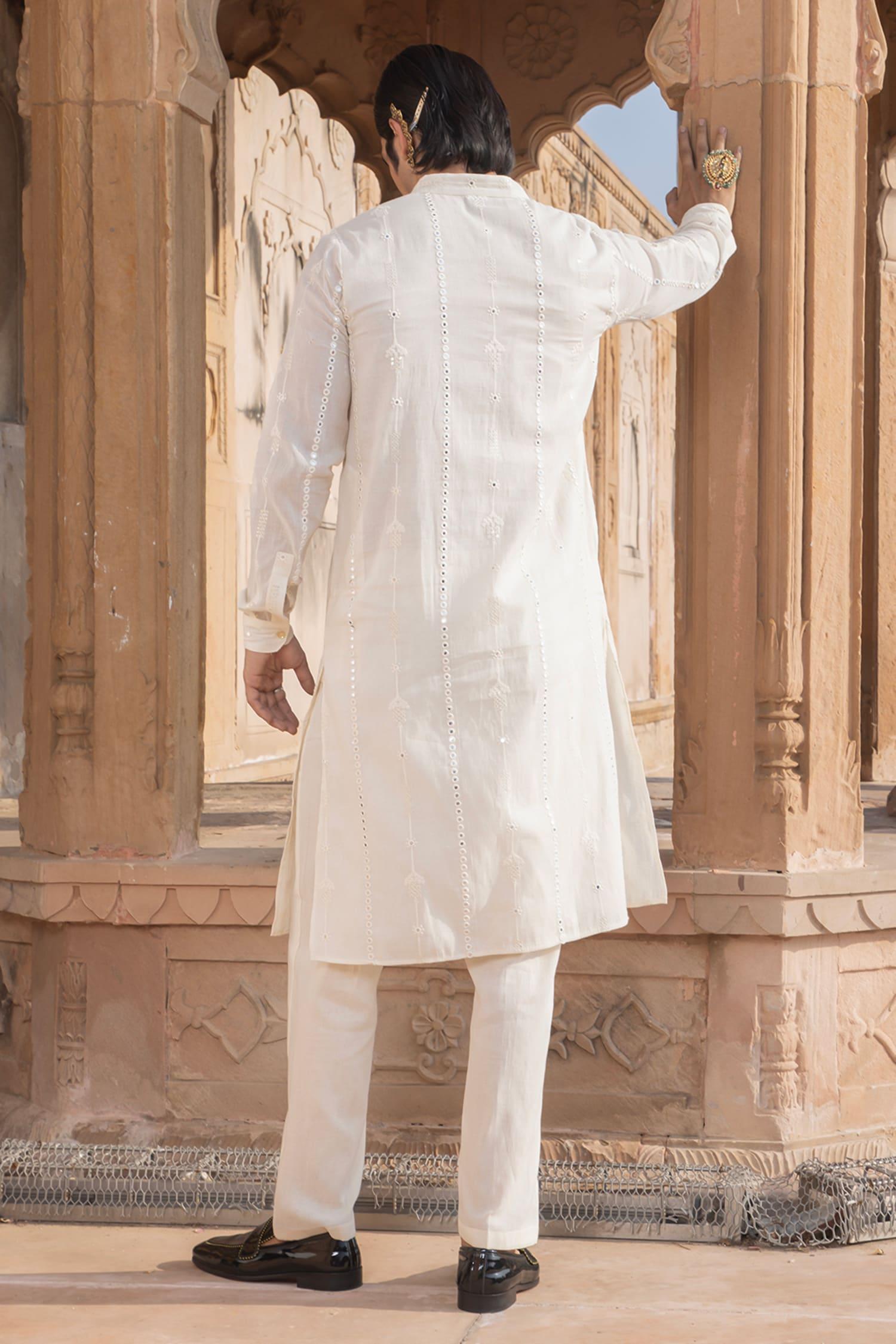 Kurta Set Off White Cotton Mirrors Embroidery Blossom Vine