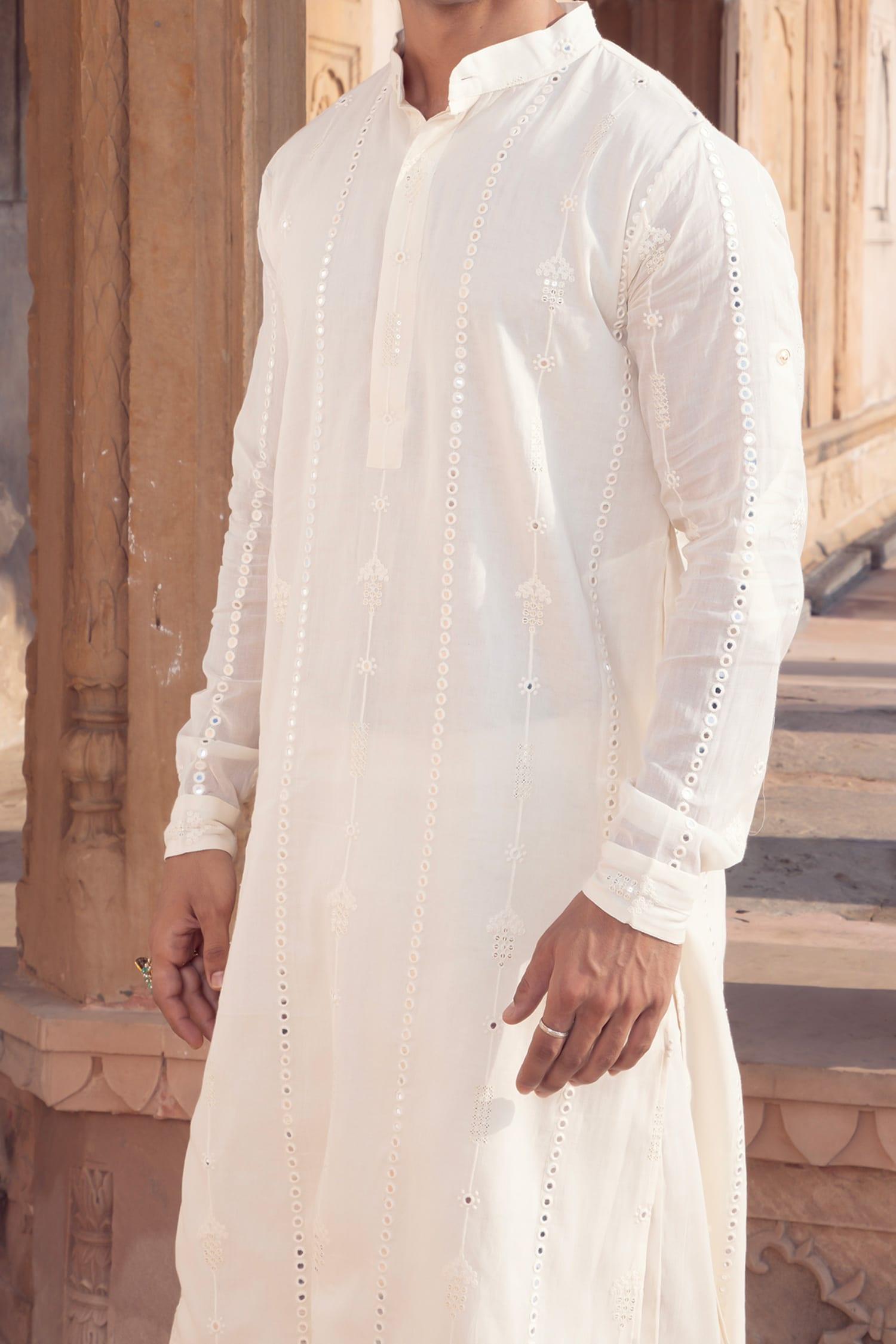Kurta Set Off White Cotton Mirrors Embroidery Blossom Vine